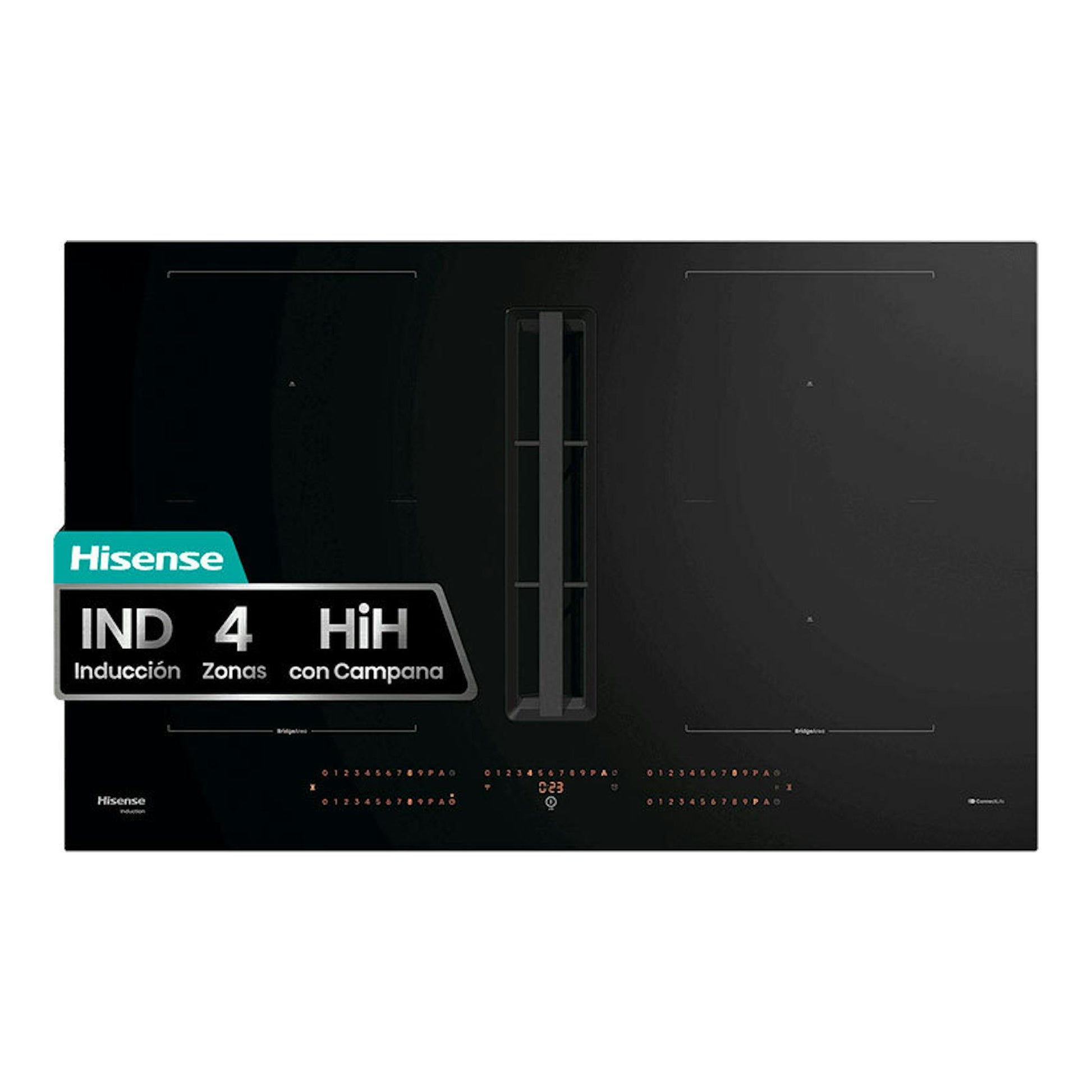 Placa de inducción negra Hisense HEH8443BSCWF1, vista frontal, con extractor central y 4 zonas.