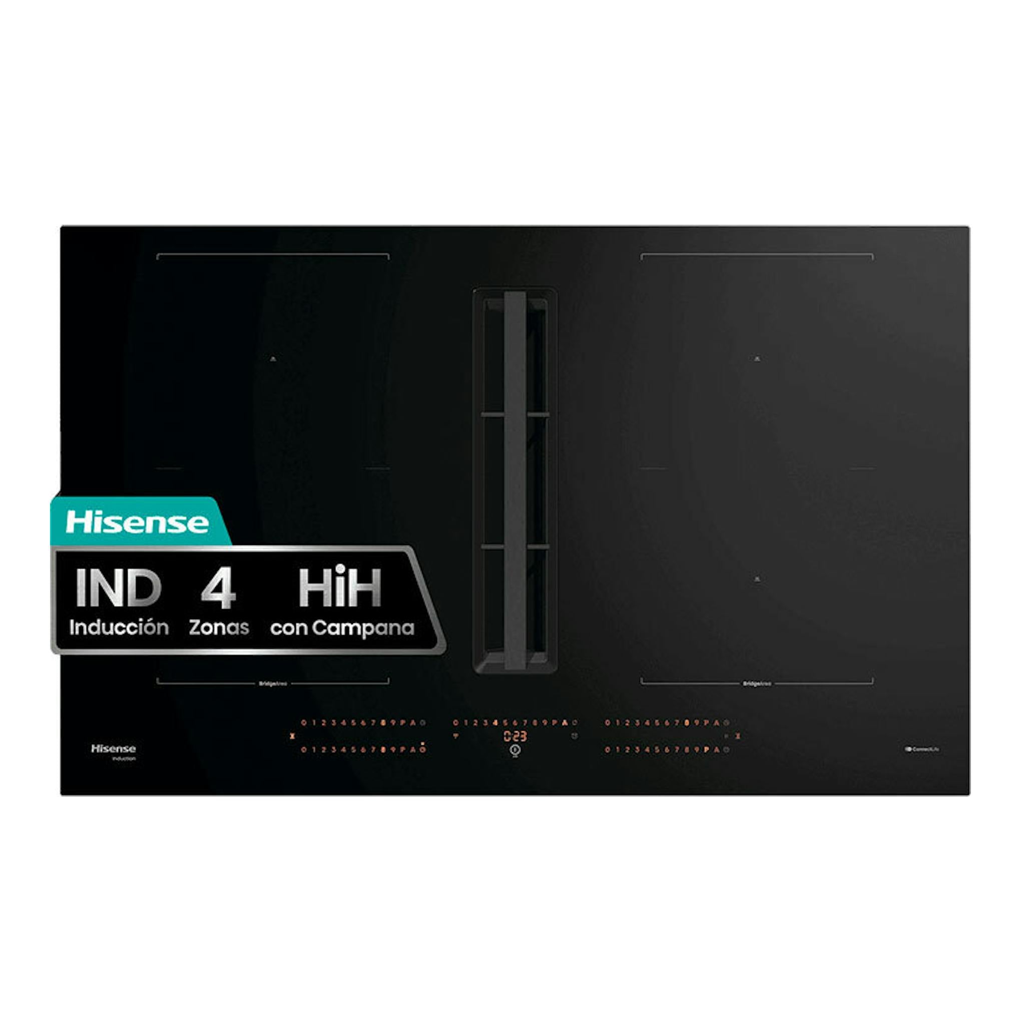Placa de inducción negra Hisense HEH8443BSCWF1, vista frontal, con extractor central y 4 zonas.