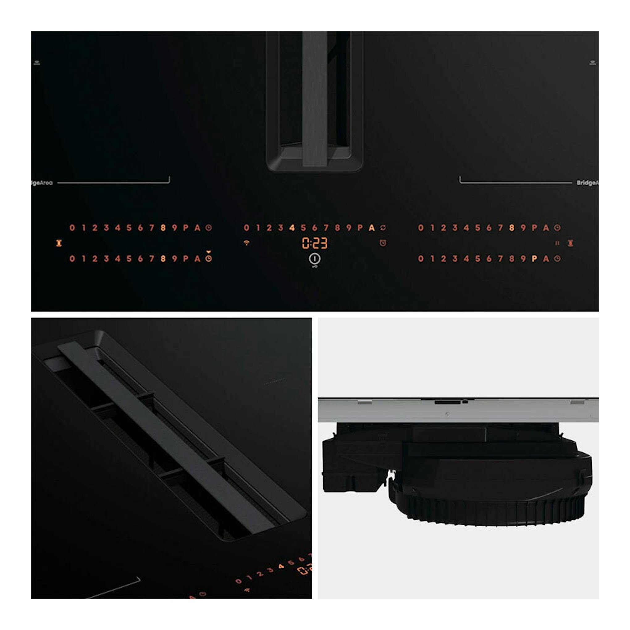 Hisense HEH8443BSCWF1: placa de inducción negra con extractor integrado, vista frontal y en ángulo.