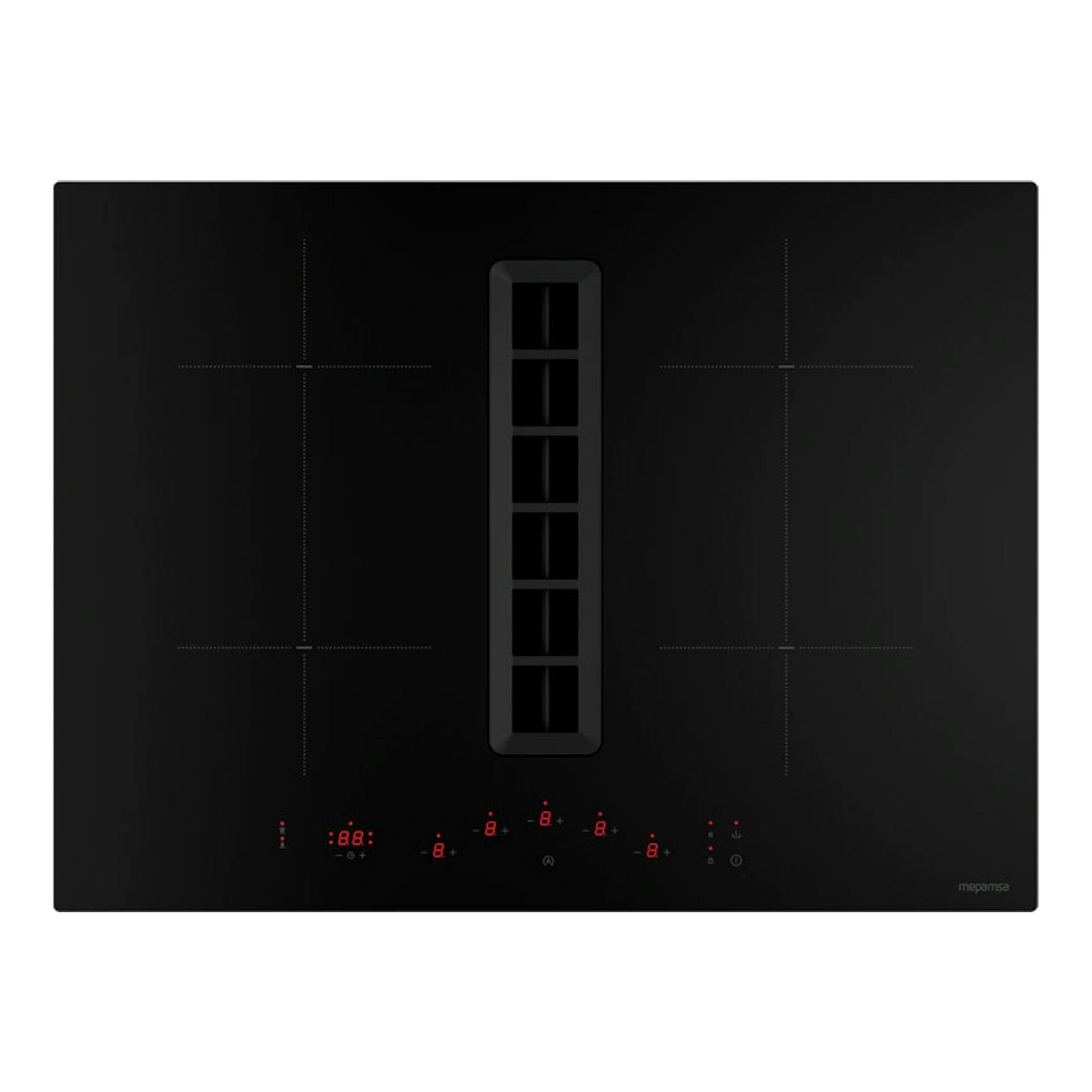Placa de inducción negra Mepamsa Indu Value 70 cm, vista frontal, con extractor central y controles.