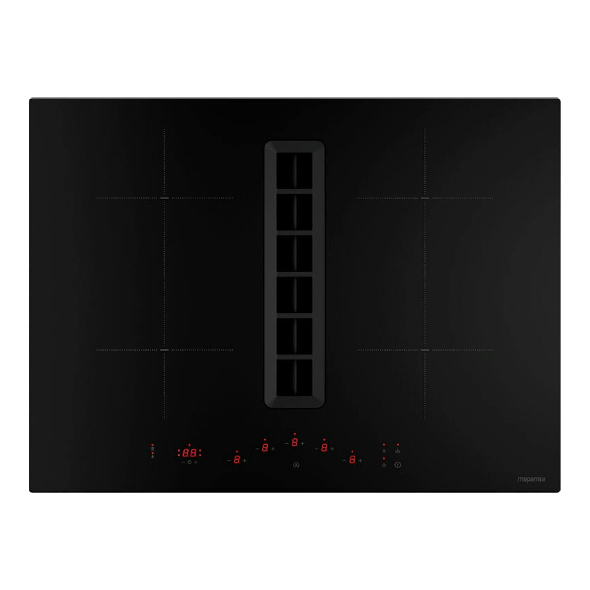 Placa de inducción negra Mepamsa Indu Value 70 cm, vista frontal, con extractor central y controles.
