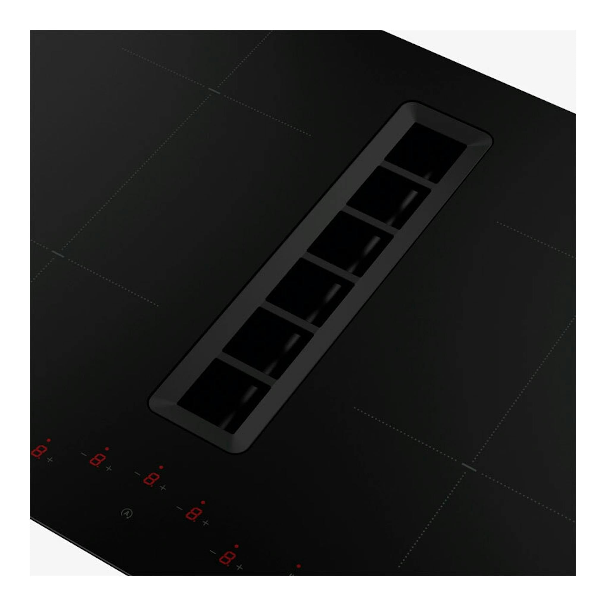 Placa de inducción negra Mepamsa Indu Value 70 cm con extractor central, vista superior inclinada.