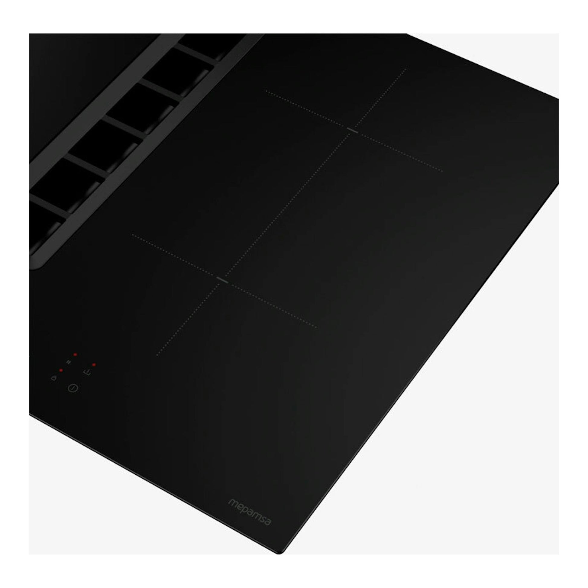 Placa de inducción negra Mepamsa Indu Value 70 cm con extractor integrado, vista en diagonal.