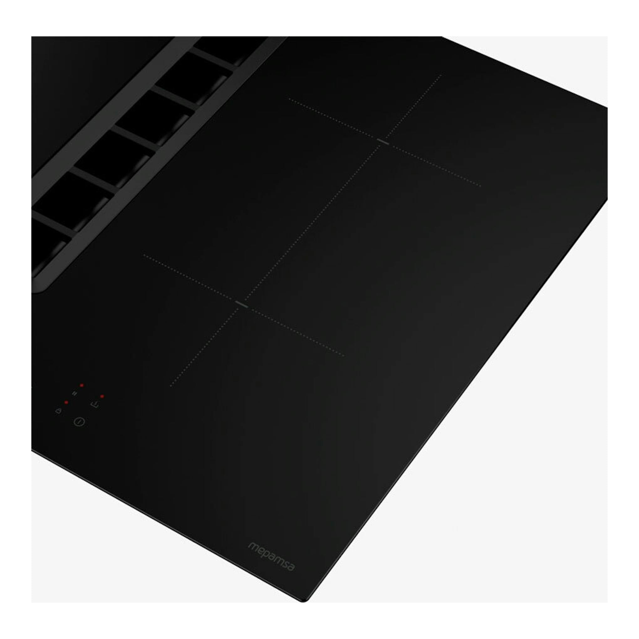 Placa de inducción negra Mepamsa Indu Value 70 cm con extractor integrado, vista en diagonal.