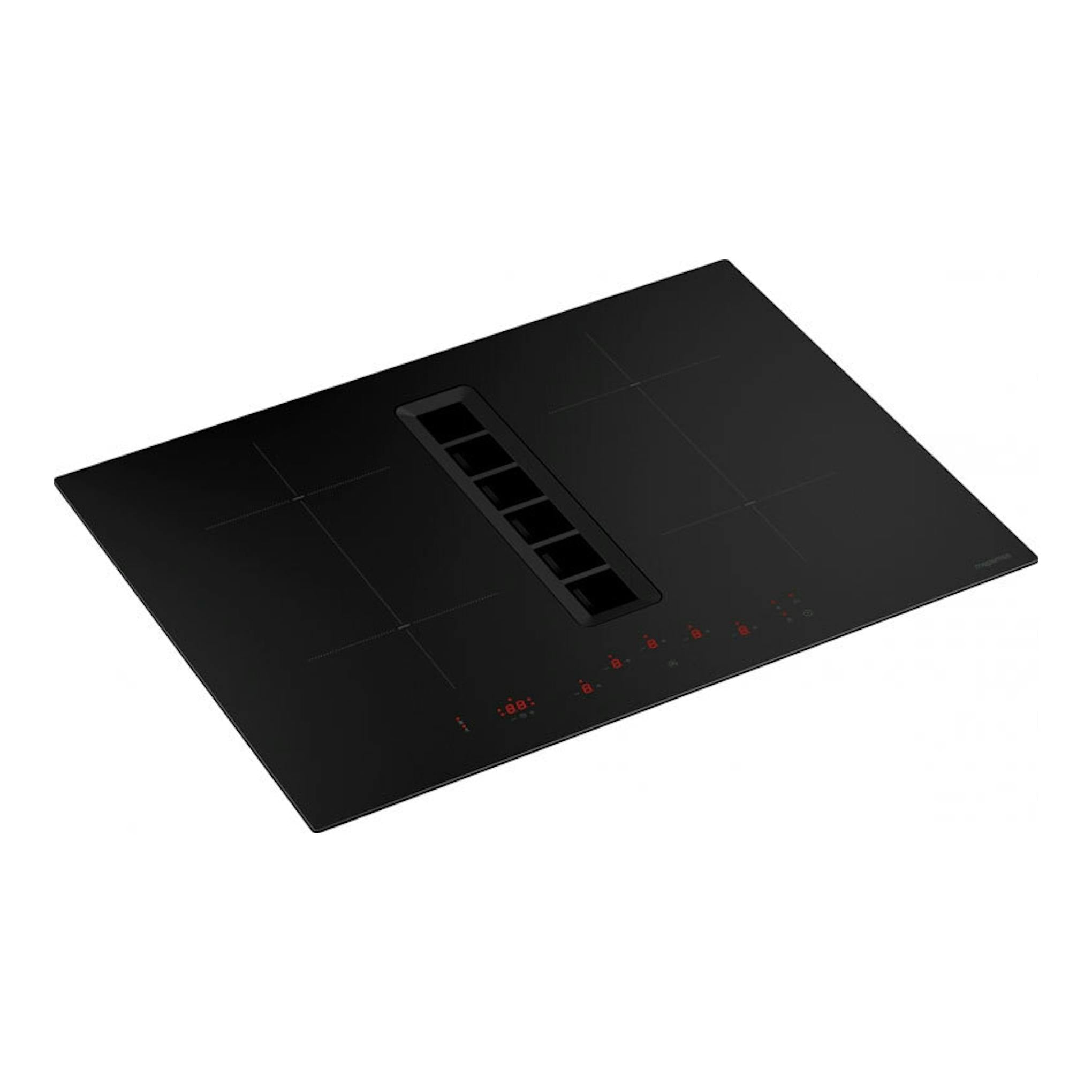Placa de inducción negra Mepamsa Indu Value con extractor central, vista en ángulo.