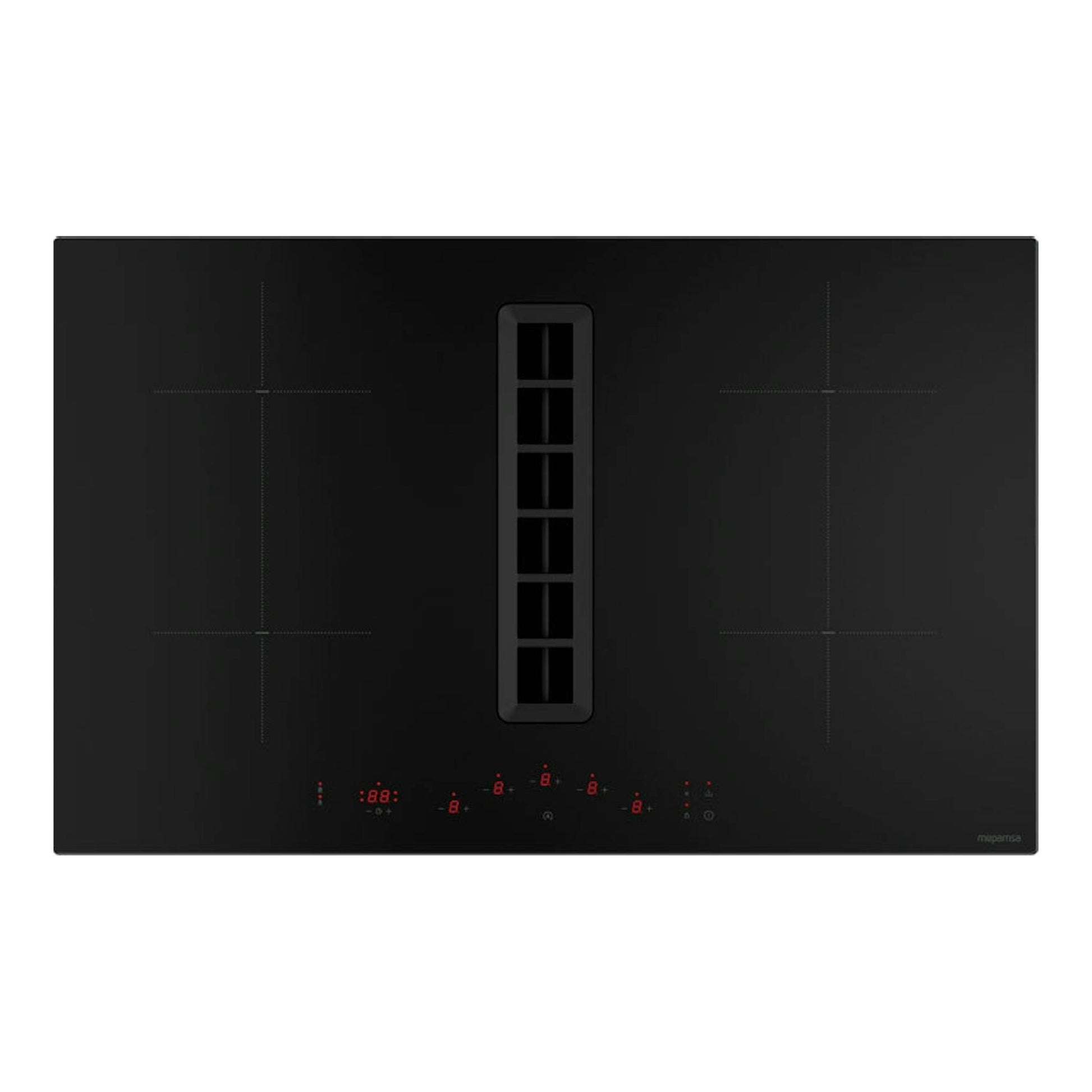 Placa de inducción negra Mepamsa Indu Value de 83 cm, vista frontal, con extractor central y mandos táctiles