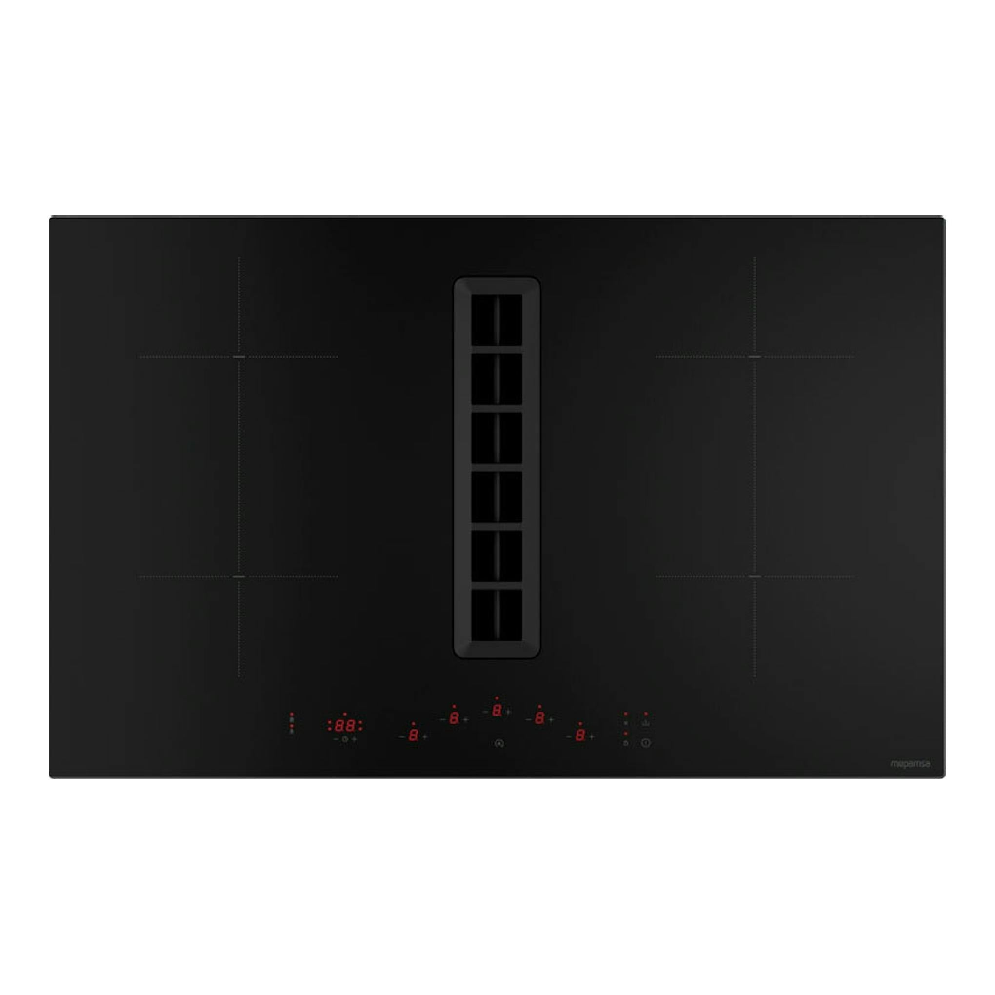 Placa de inducción negra Mepamsa Indu Value de 83 cm, vista frontal, con extractor central y mandos táctiles