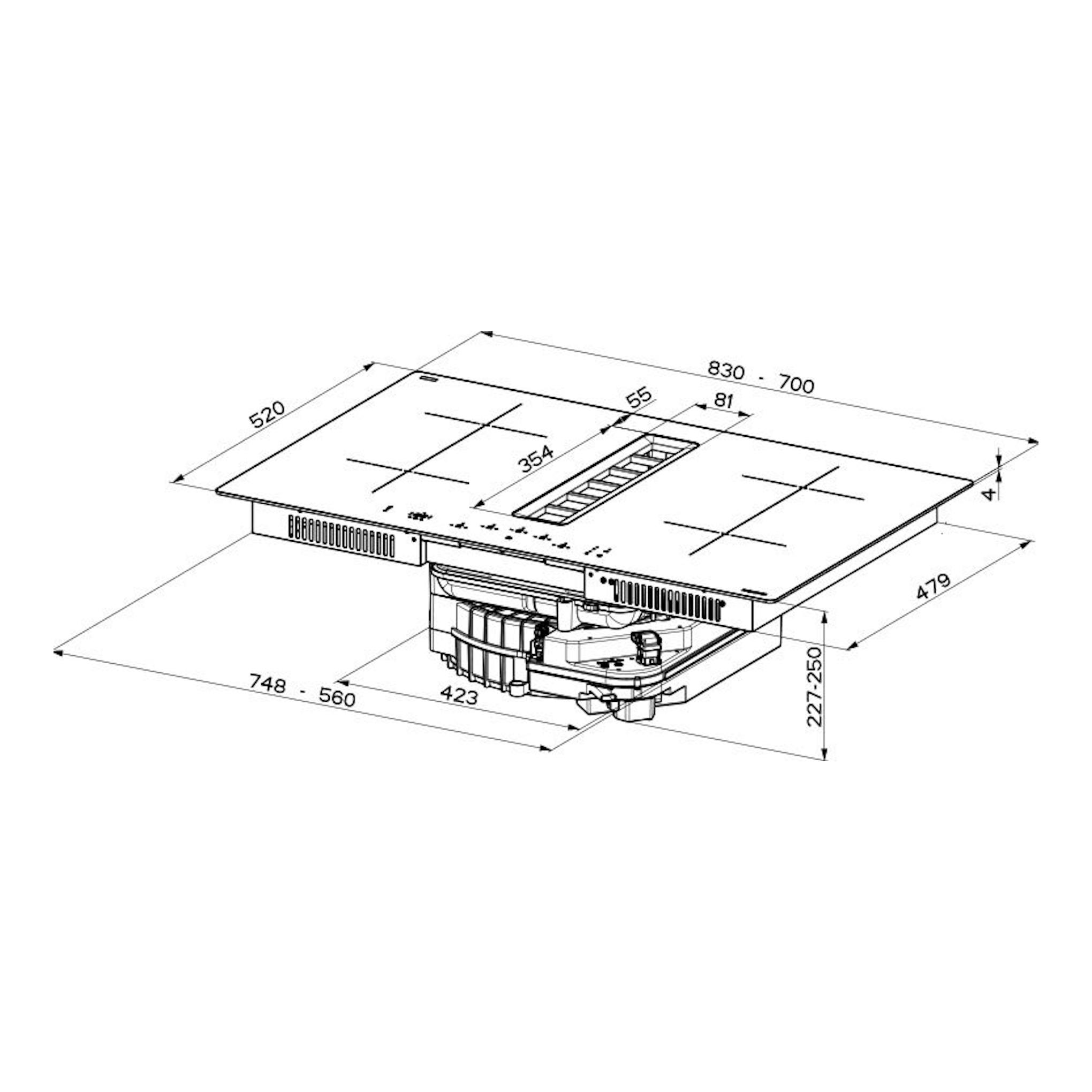 Esquema técnico en blanco y negro de la placa de inducción Mepamsa Indu Value con extractor central, vista isométrica.