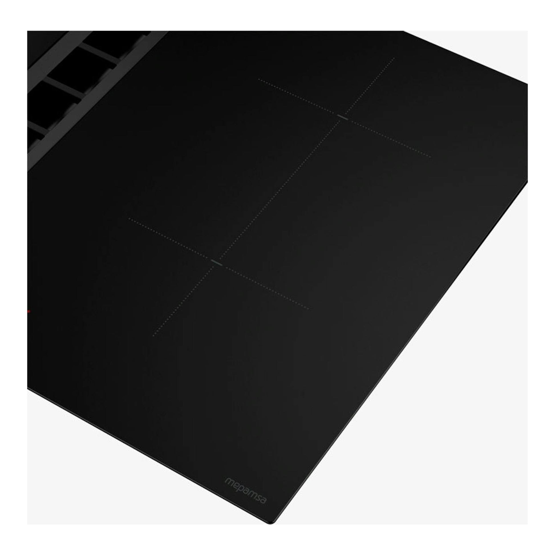 Placa de inducción negra Mepamsa Indu Value, vista en ángulo, con extractor integrado.