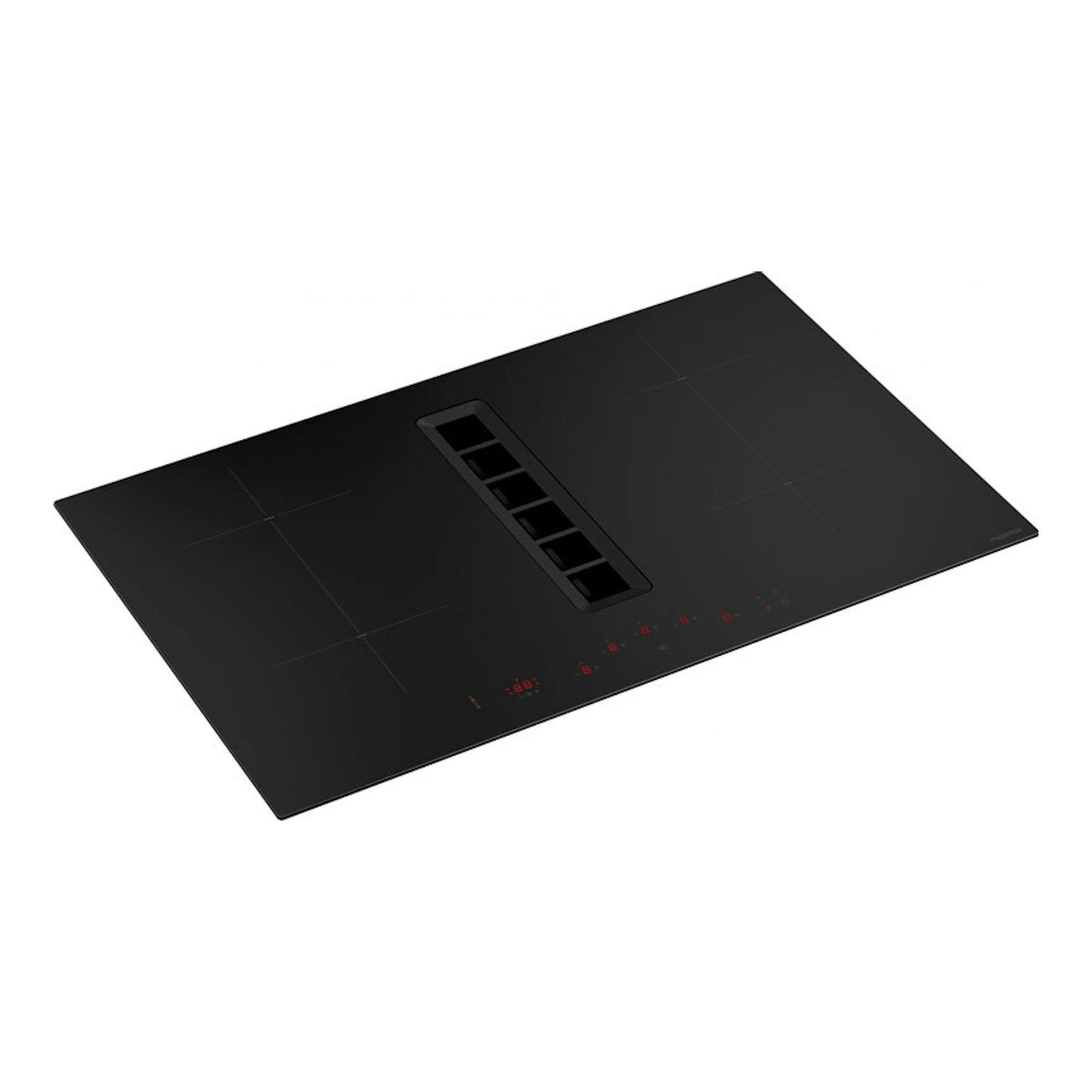 Placa de inducción negra Mepamsa Indu Value 83 cm, vista en ángulo, con extractor central integrado.