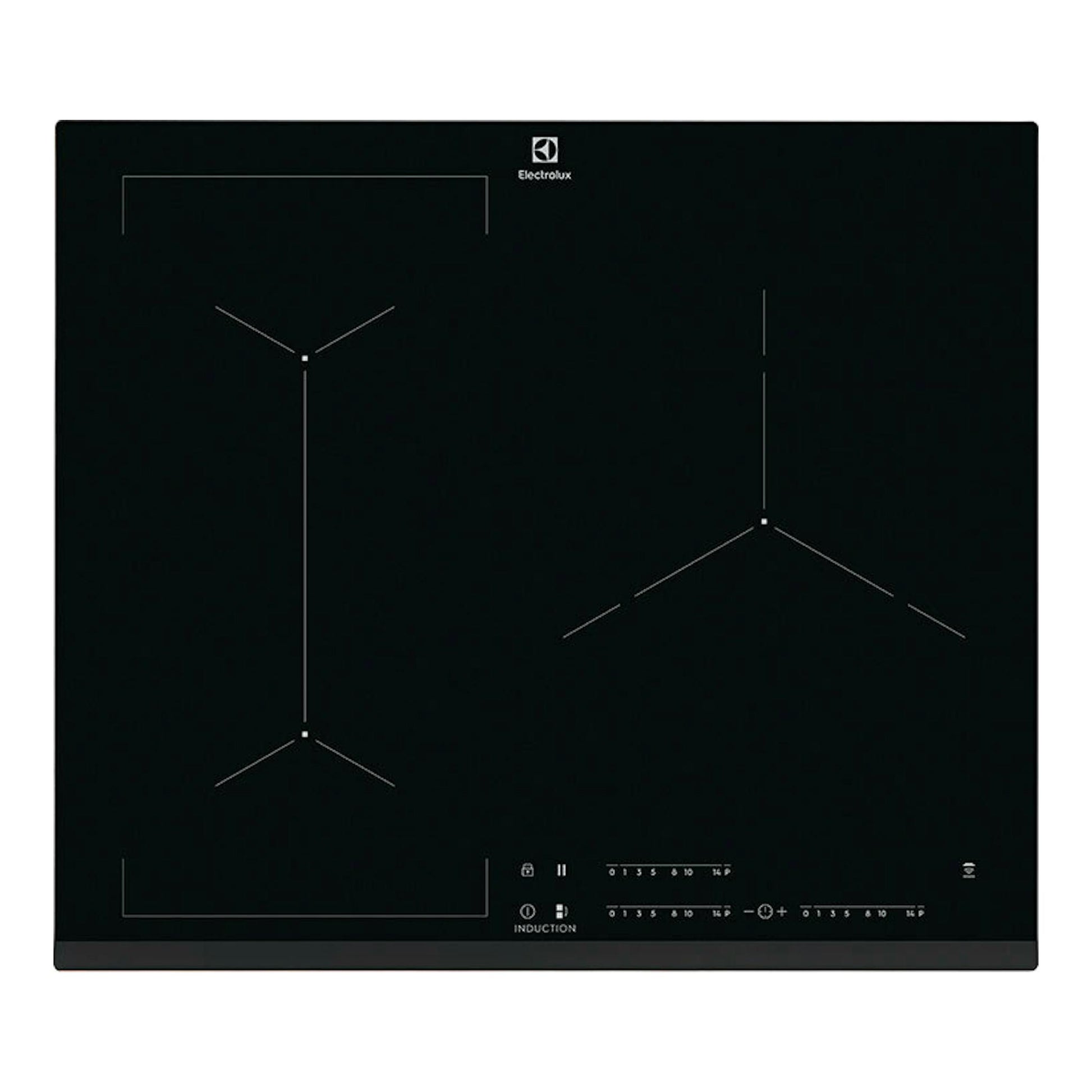 Placa de inducción Electrolux EIV633 negra, vista superior, con tres zonas de cocción.