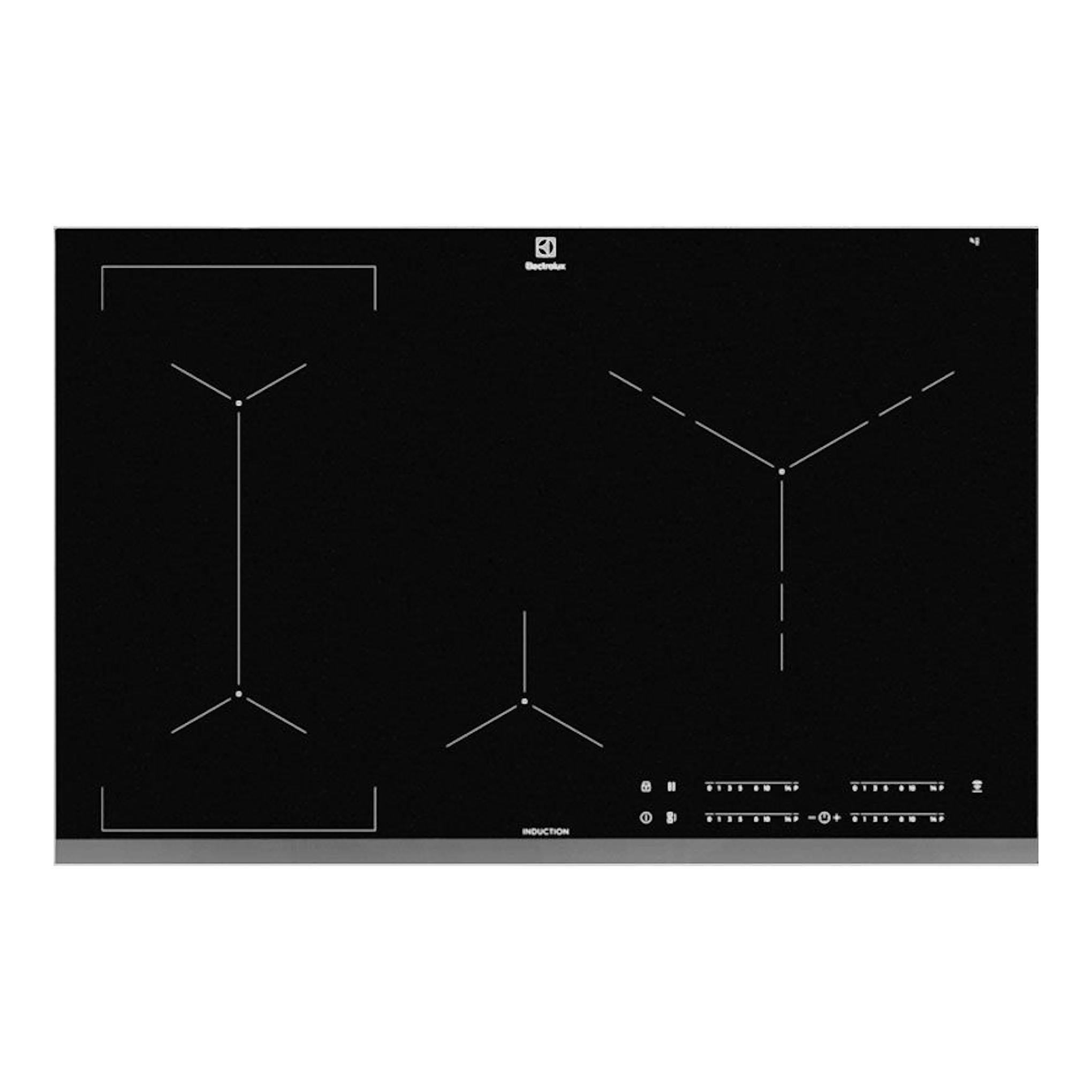 Placa de inducción Electrolux EIV83446 negra de 80 cm, vista frontal con cuatro zonas de cocción.