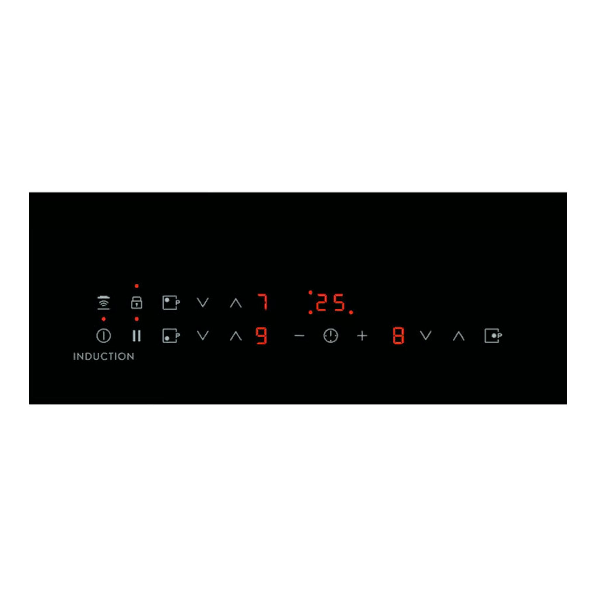 Panel táctil de una placa de inducción negra, con iconos iluminados en rojo y controles digitales.