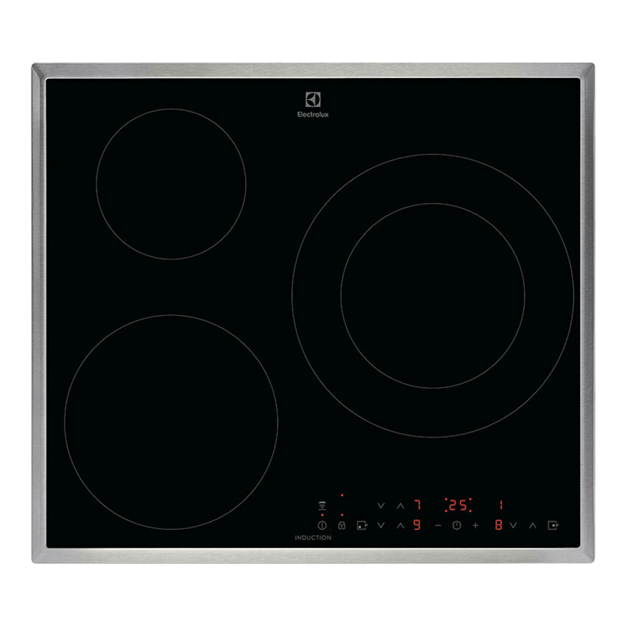 Placa de inducción Electrolux LIT6346M, vista superior, vidrio negro con marco de acero inoxidable.