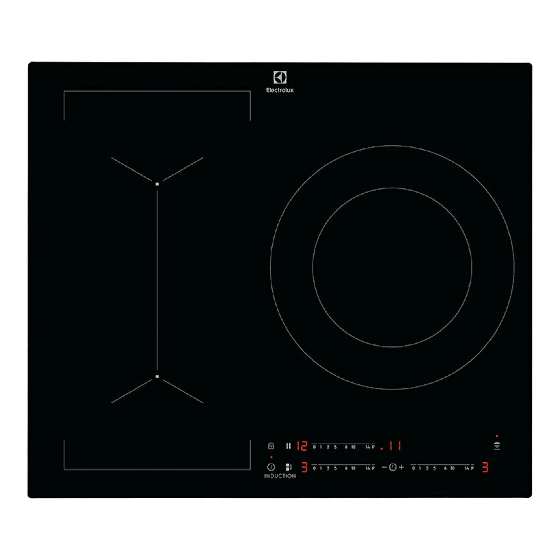 Placa de inducción Electrolux negra, vista frontal, con dos zonas de cocción y controles táctiles.