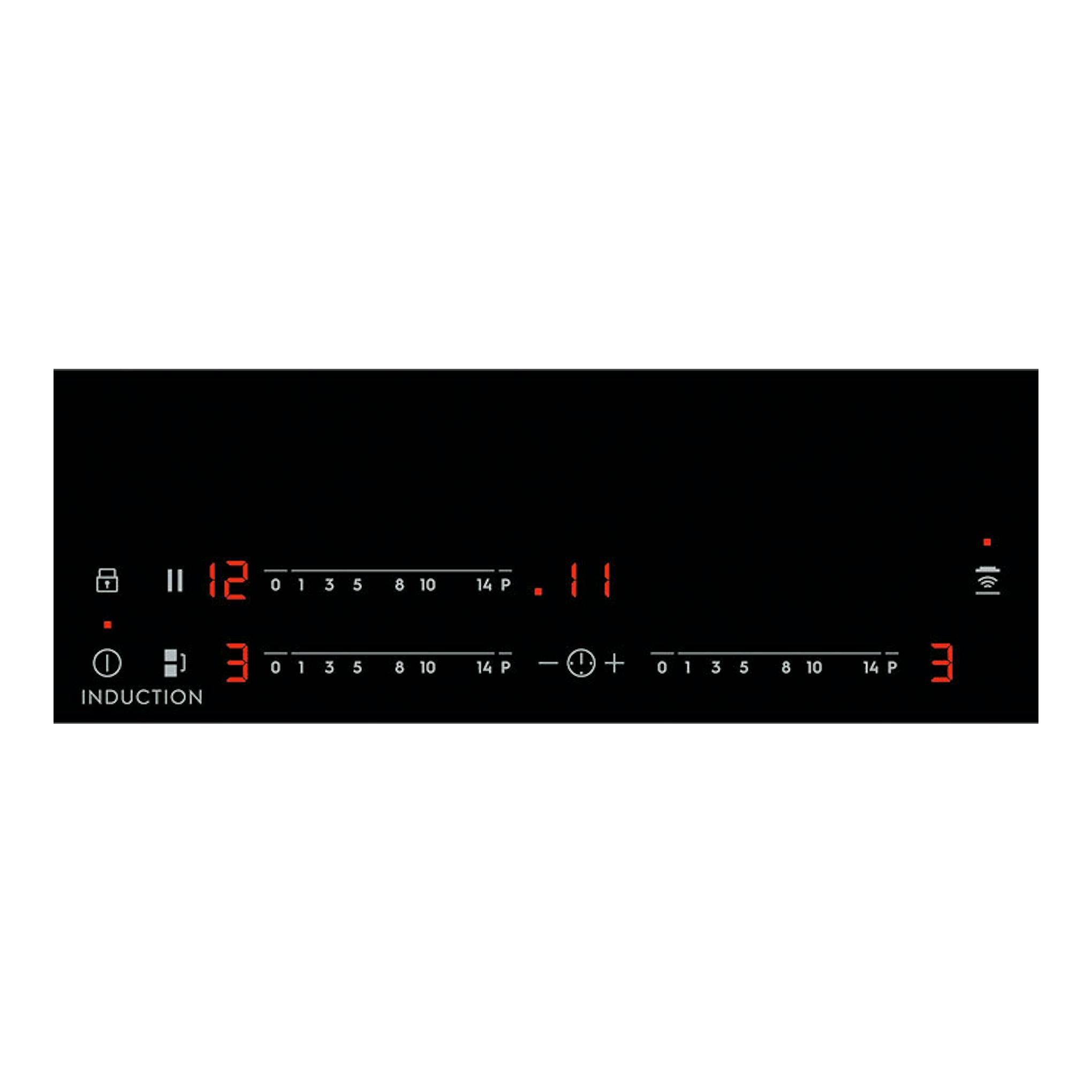 Placa de inducción Electrolux LIV63340CK negra, vista frontal del panel táctil con displays rojos.