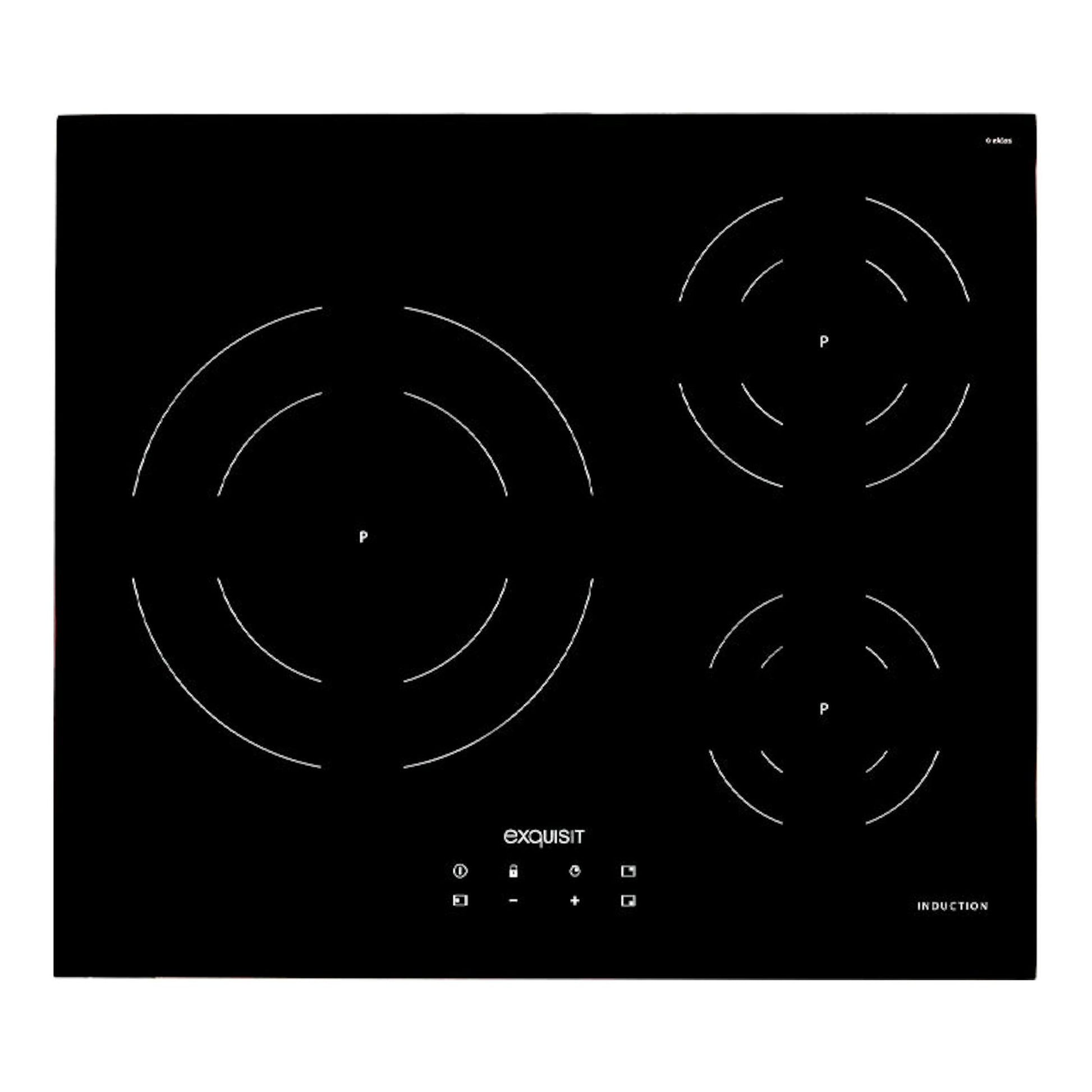 Placa de inducción negra Exquisit EKI 630, vista frontal, con cuatro zonas de cocción.