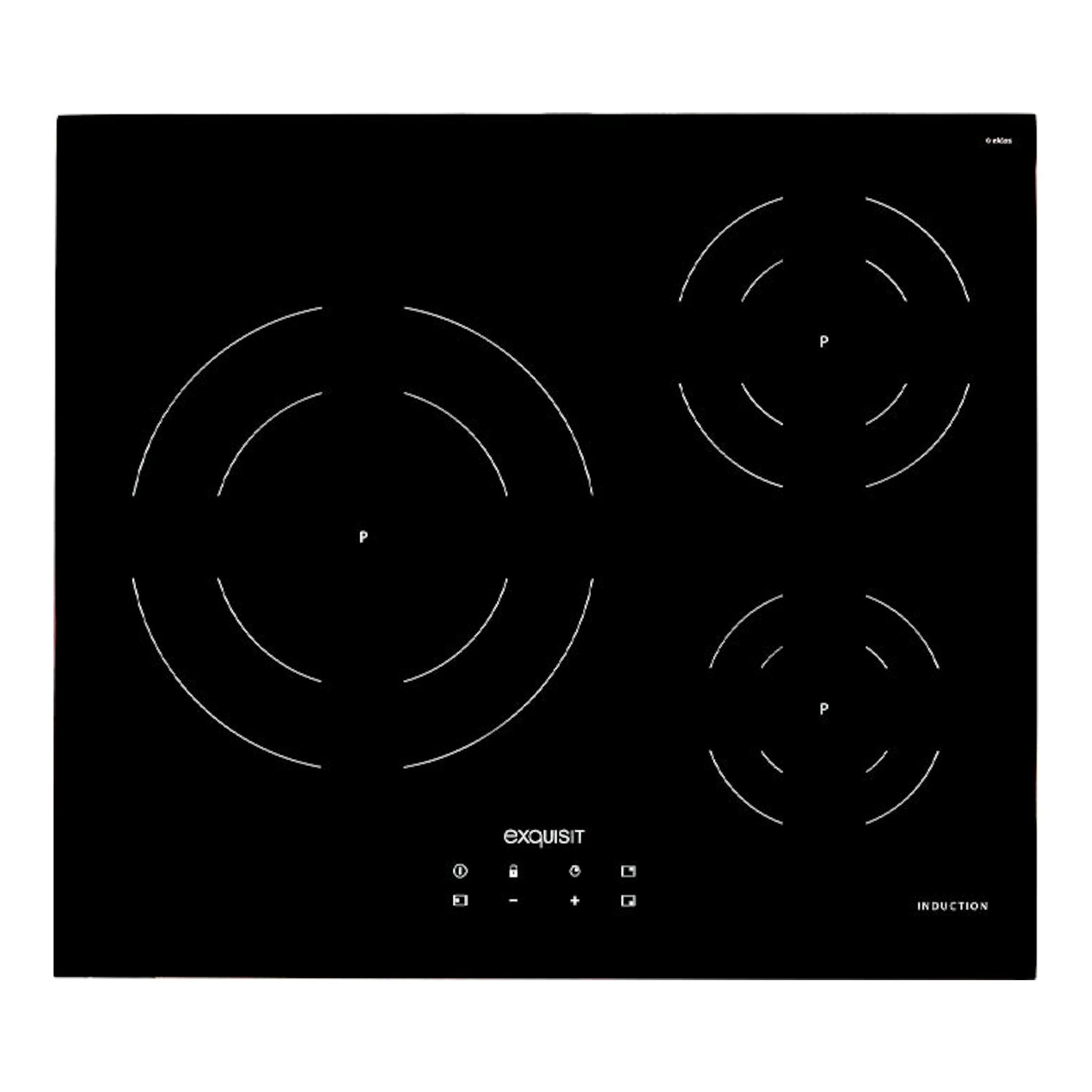 Placa de inducción negra Exquisit EKI 630, vista frontal, con cuatro zonas de cocción.