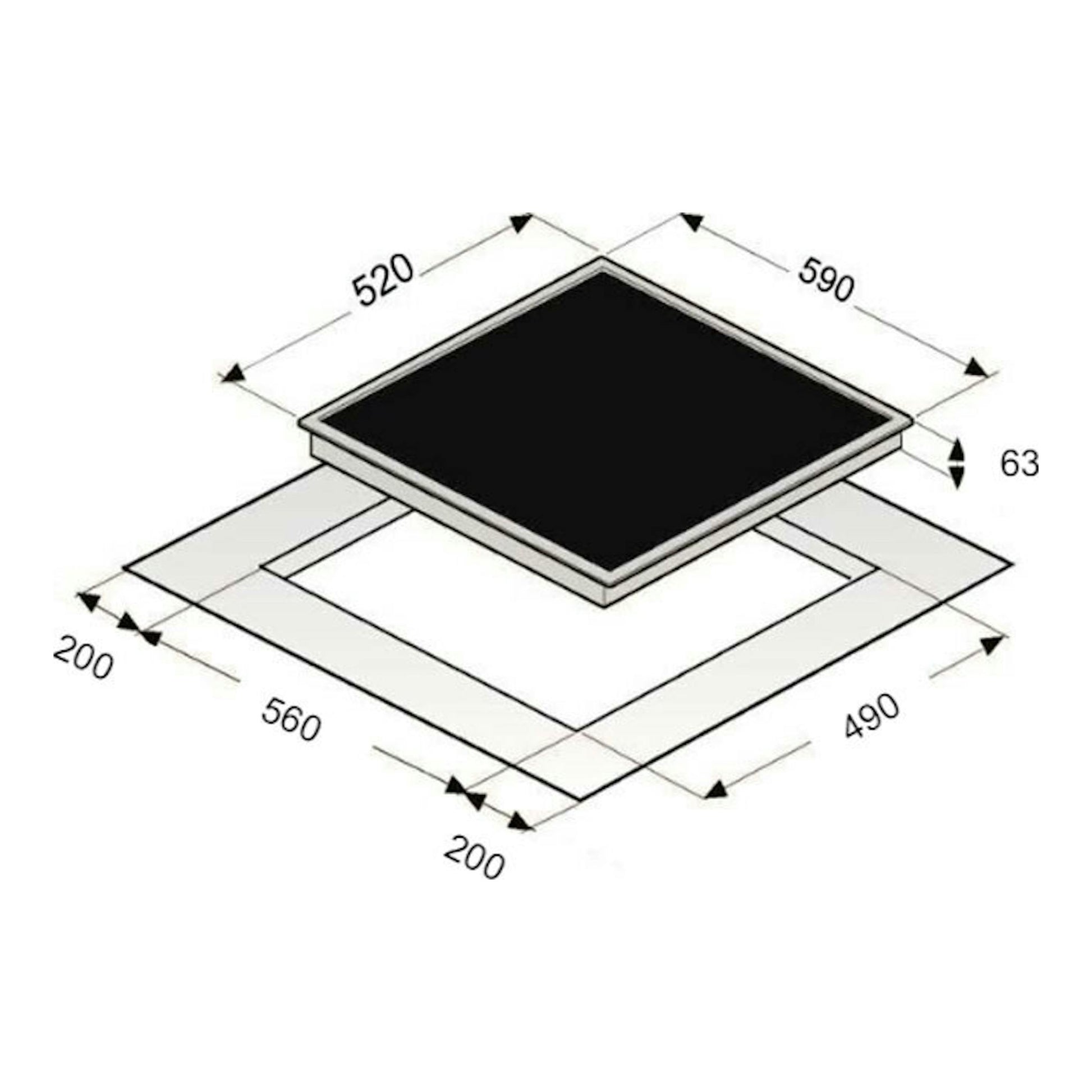 Esquema técnico de la placa de inducción Exquisit EKI 653F negra, vista isométrica con medidas.