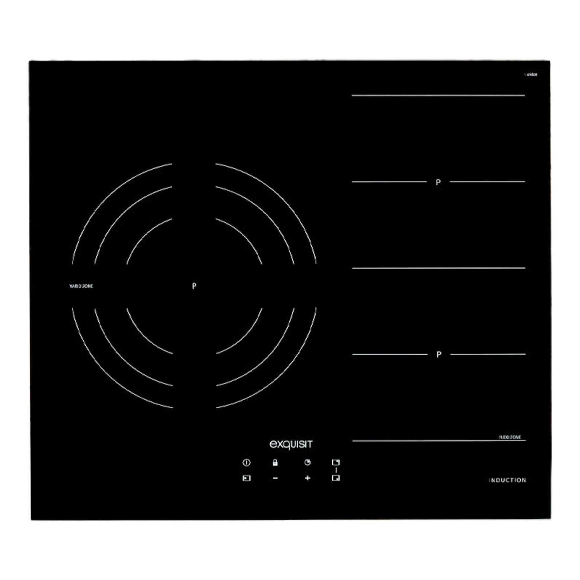 Placa de inducción Exquisit EKI 653F negra, vista superior, con zonas flex y controles táctiles.