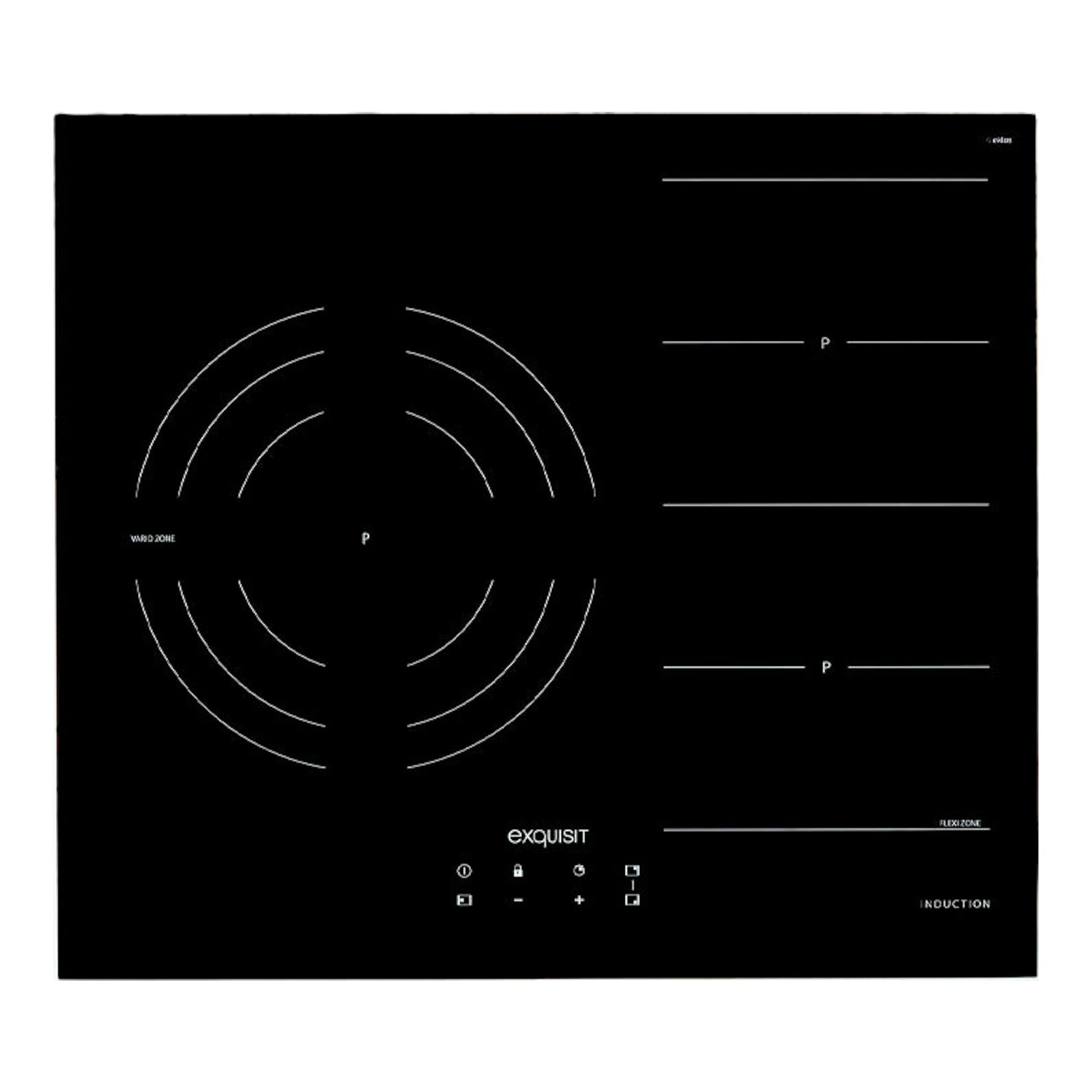Placa de inducción Exquisit EKI 653F negra, vista superior, con zonas flex y controles táctiles.