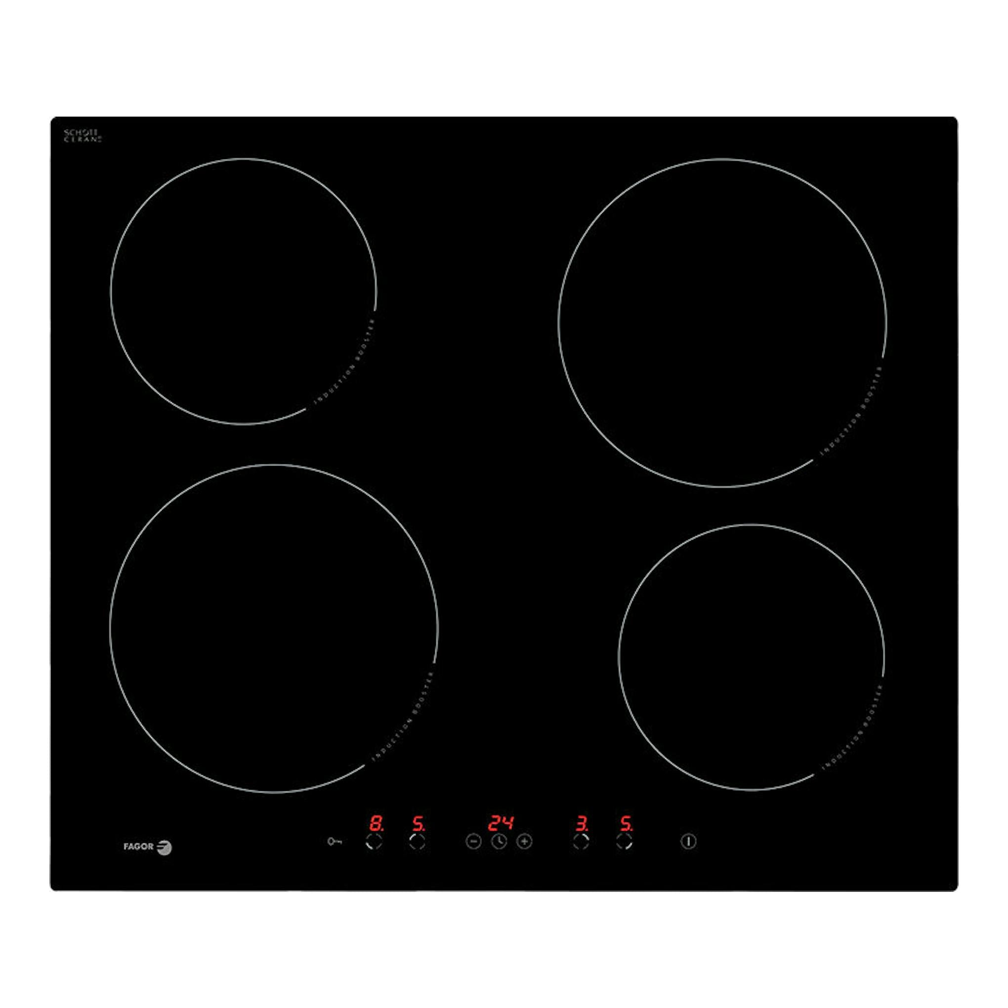 Placa de inducción Fagor negra, vista frontal, con cuatro zonas circulares y mandos táctiles digitales.