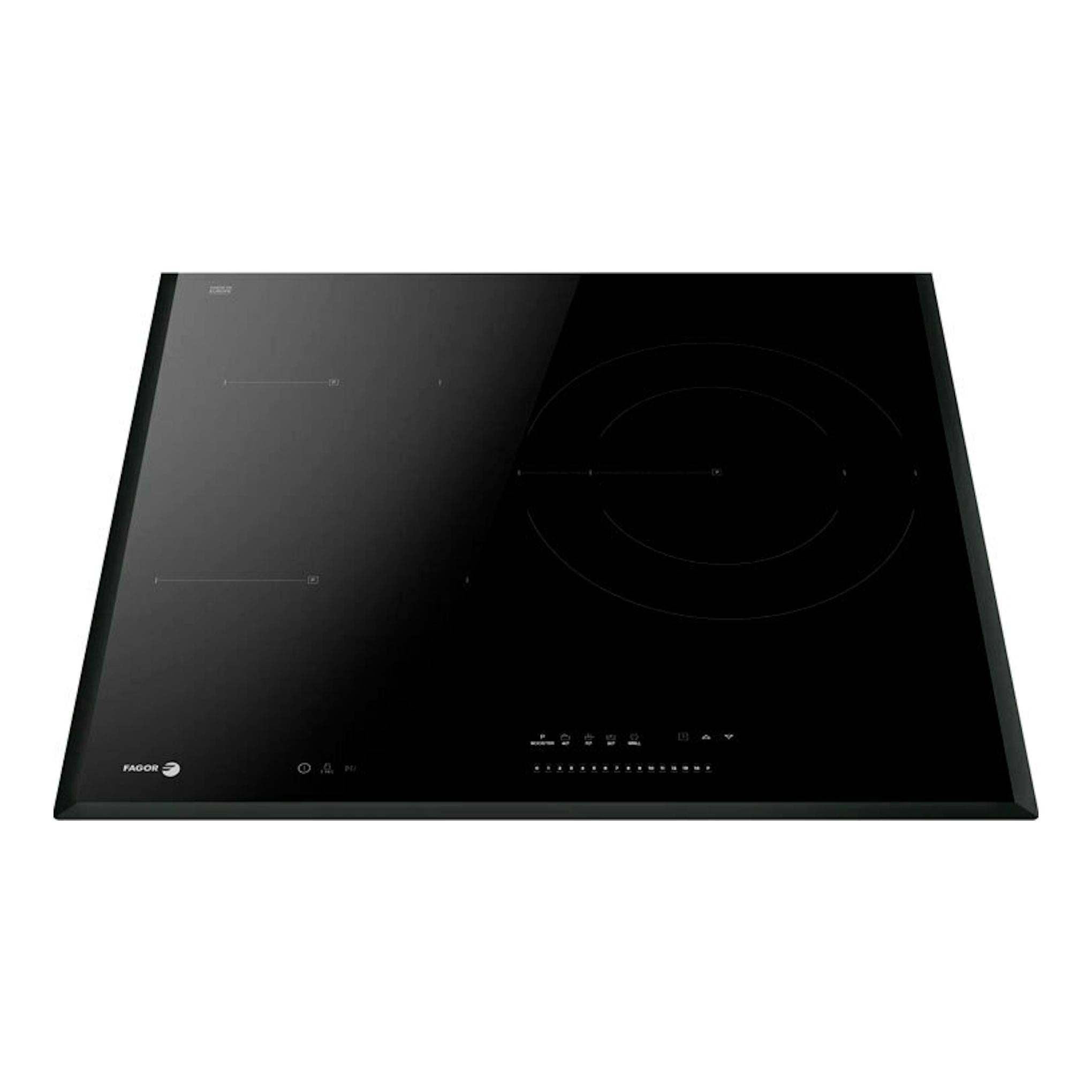 Placa de inducción Fagor 4IF-30B3S negra, vista frontal, con 4 zonas de cocción y controles táctiles.
