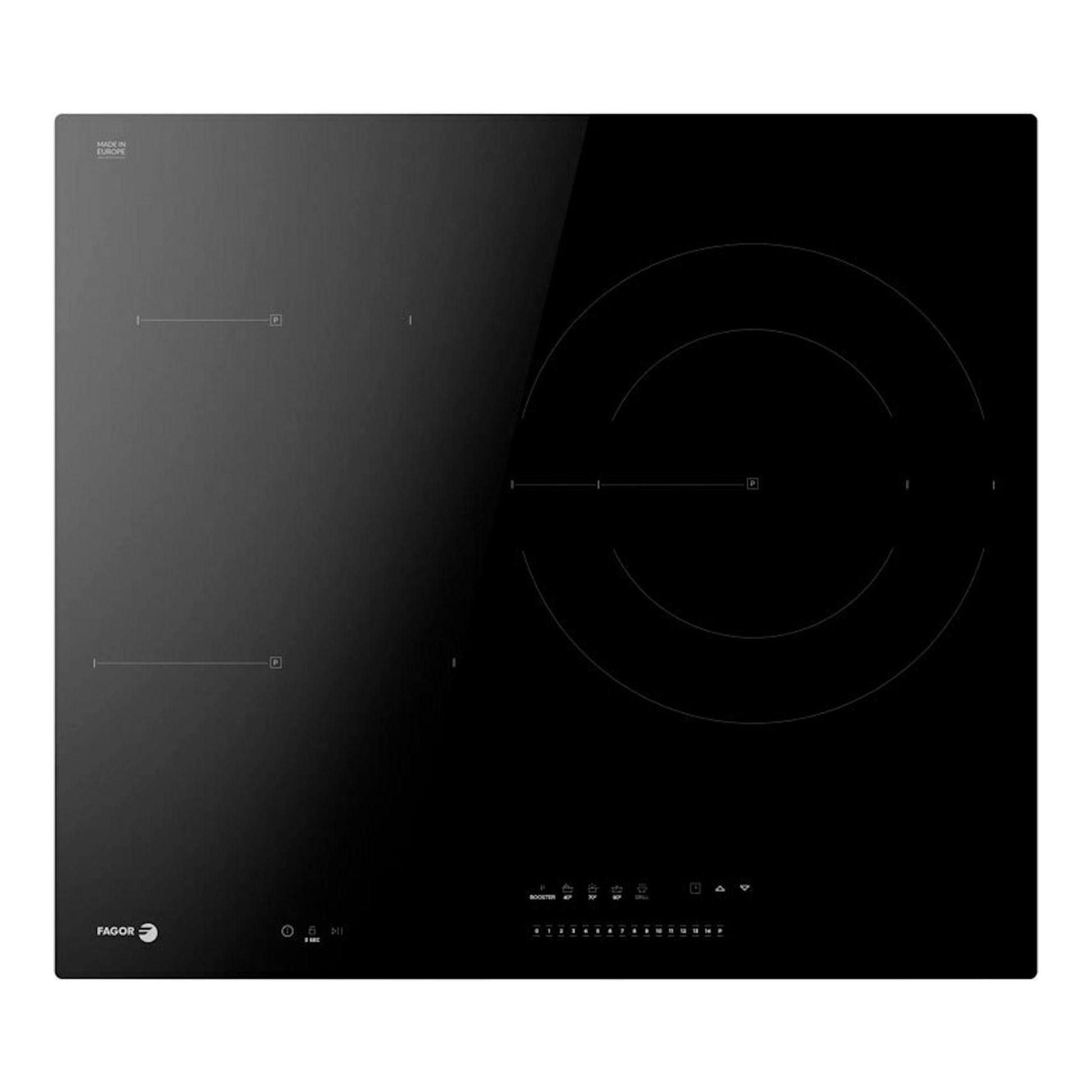 Placa de inducción Fagor 4IF-30BC negra, vista superior, con cuatro zonas de cocción.