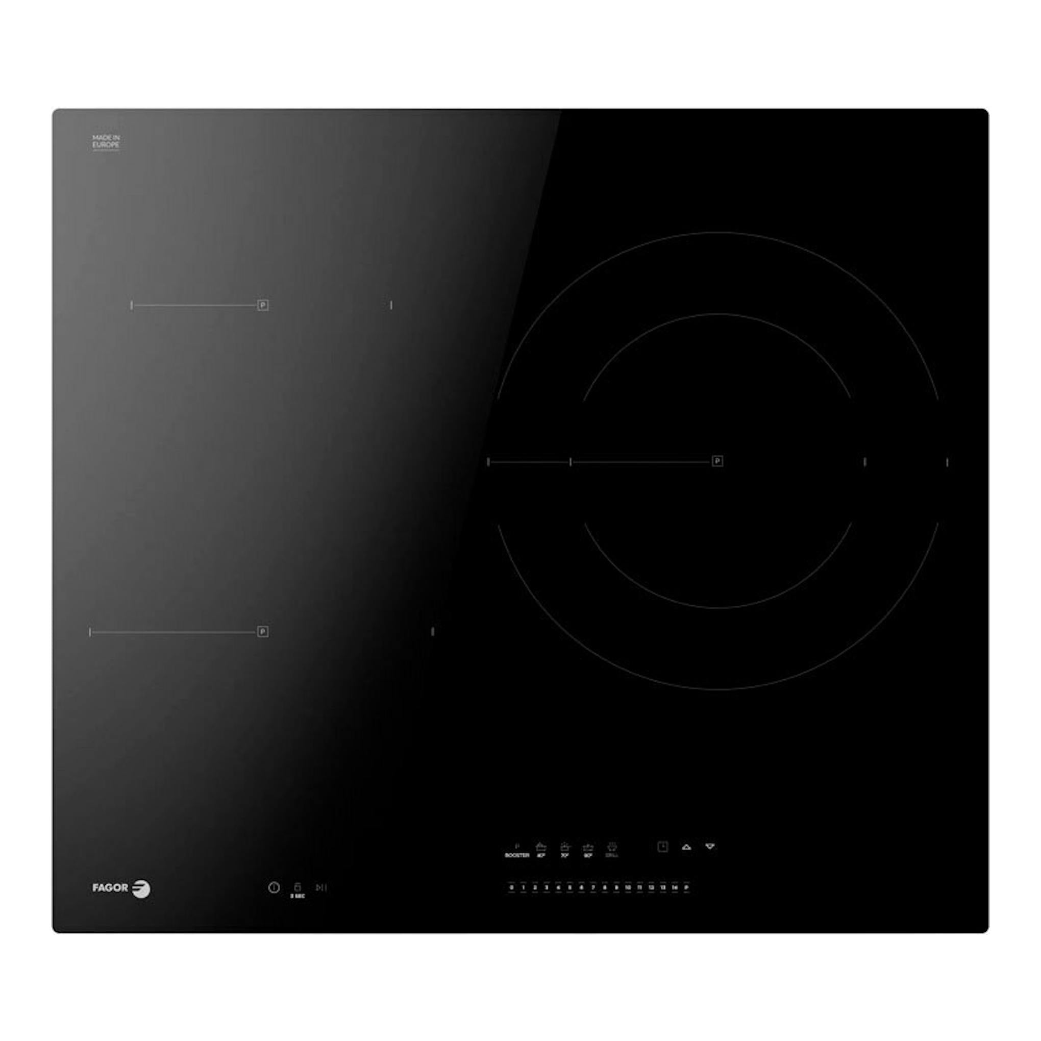 Placa de inducción Fagor 4IF-30BC negra, vista superior, con cuatro zonas de cocción.