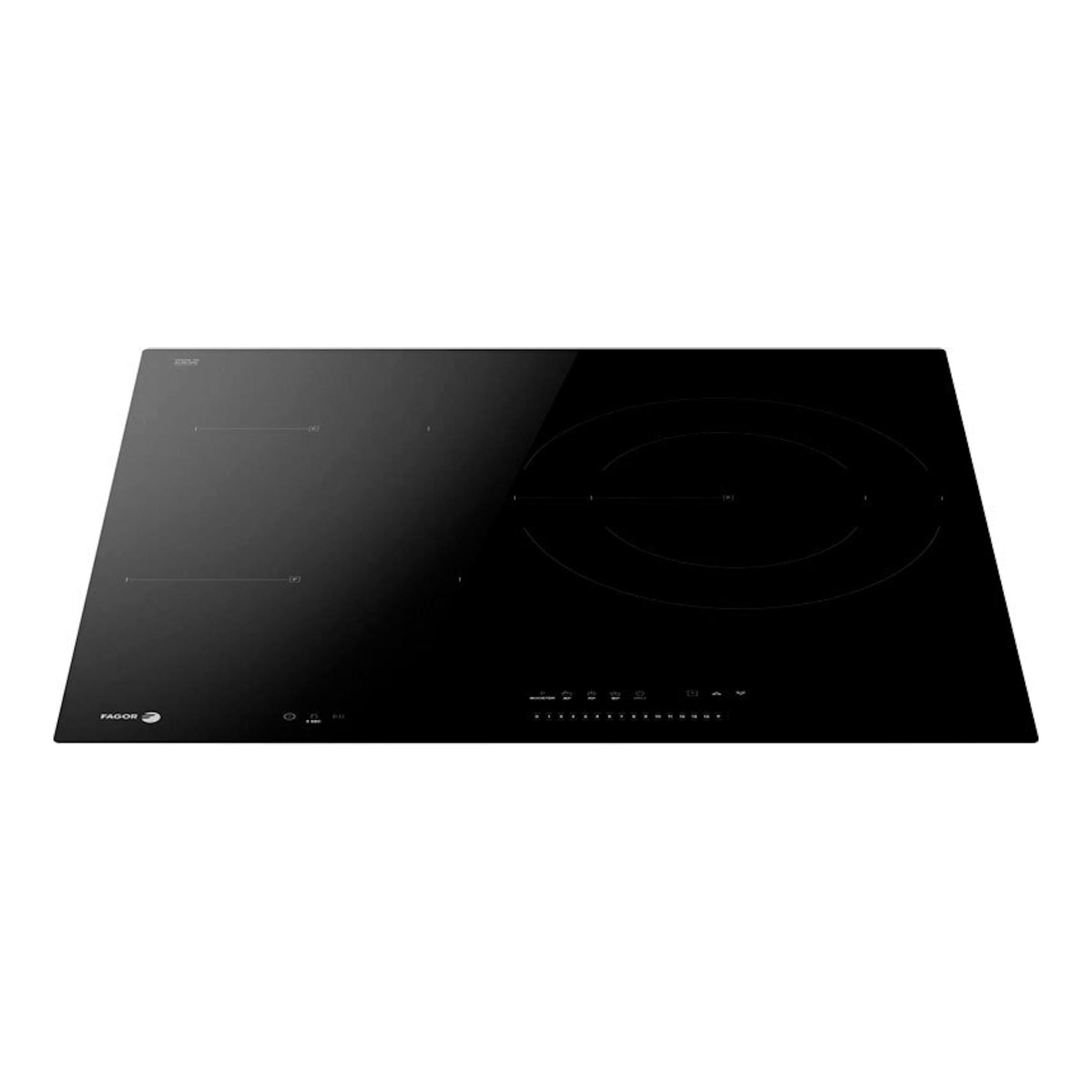 Placa de inducción Fagor 4IF-30BC negra, vista superior, con cuatro zonas de cocción.