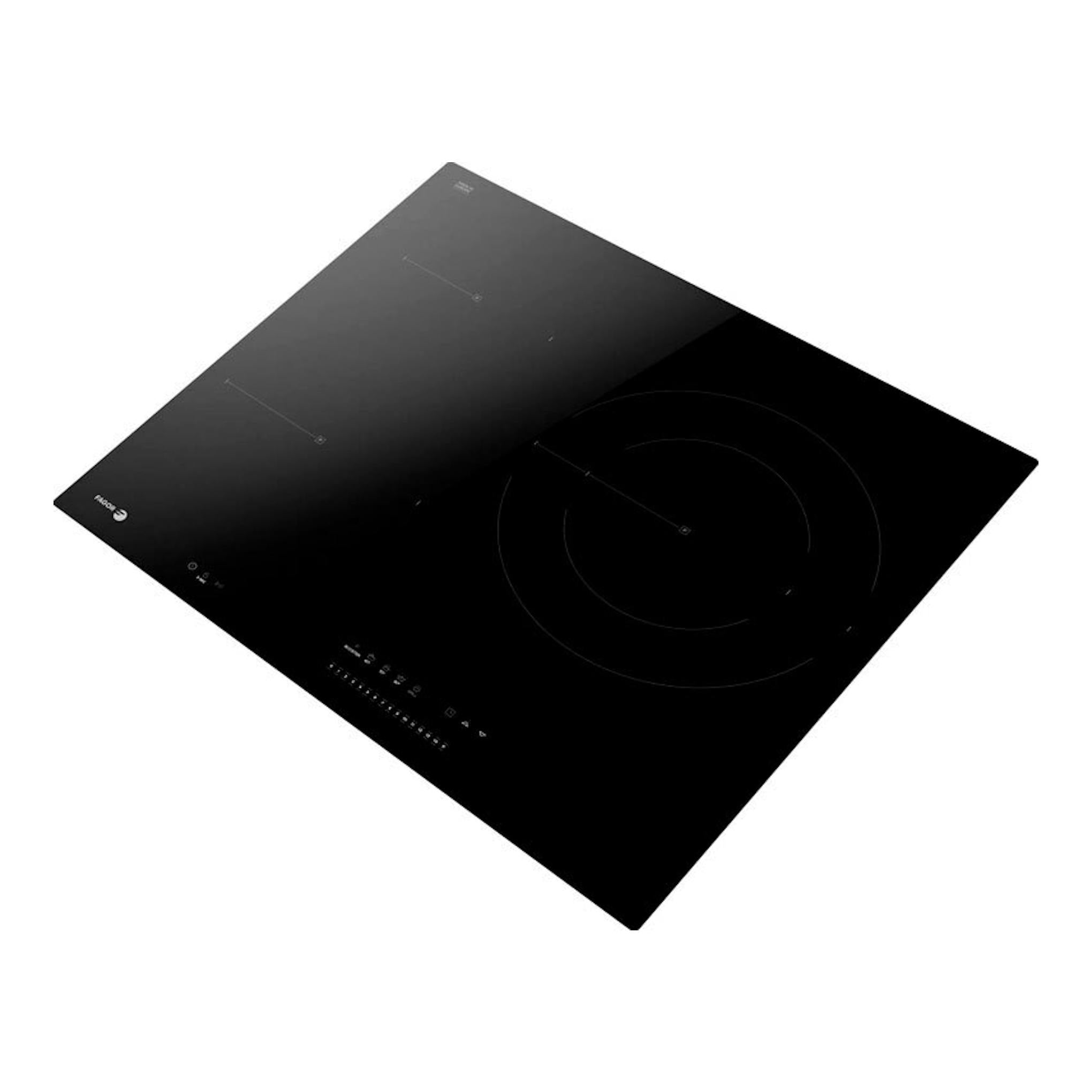 Placa de inducción Fagor negra, vista en perspectiva superior con tres zonas de cocción.