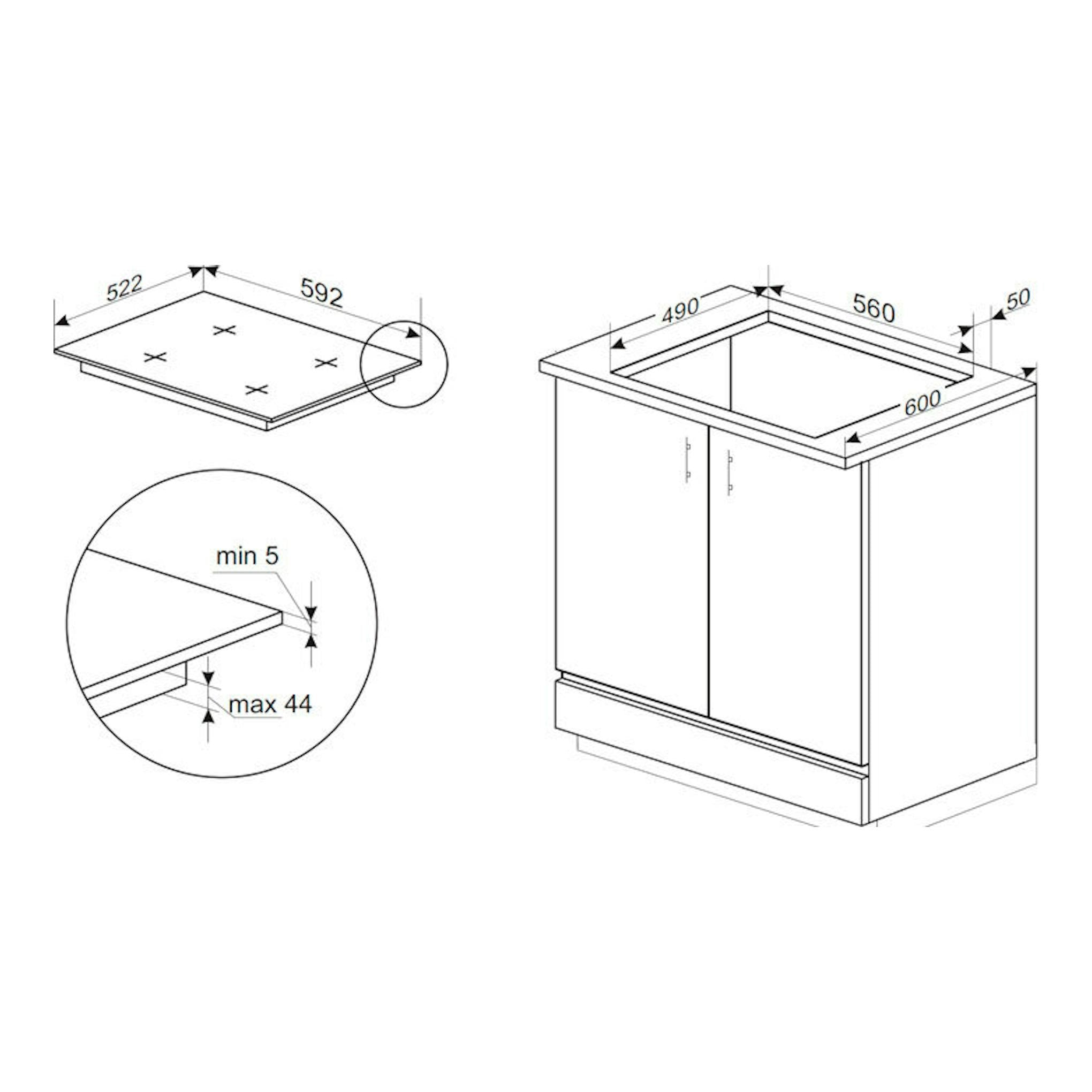 Esquema en blanco y negro de instalación de placa de inducción Fagor 4IF-ZONE40BC, vista superior y mueble con medidas.