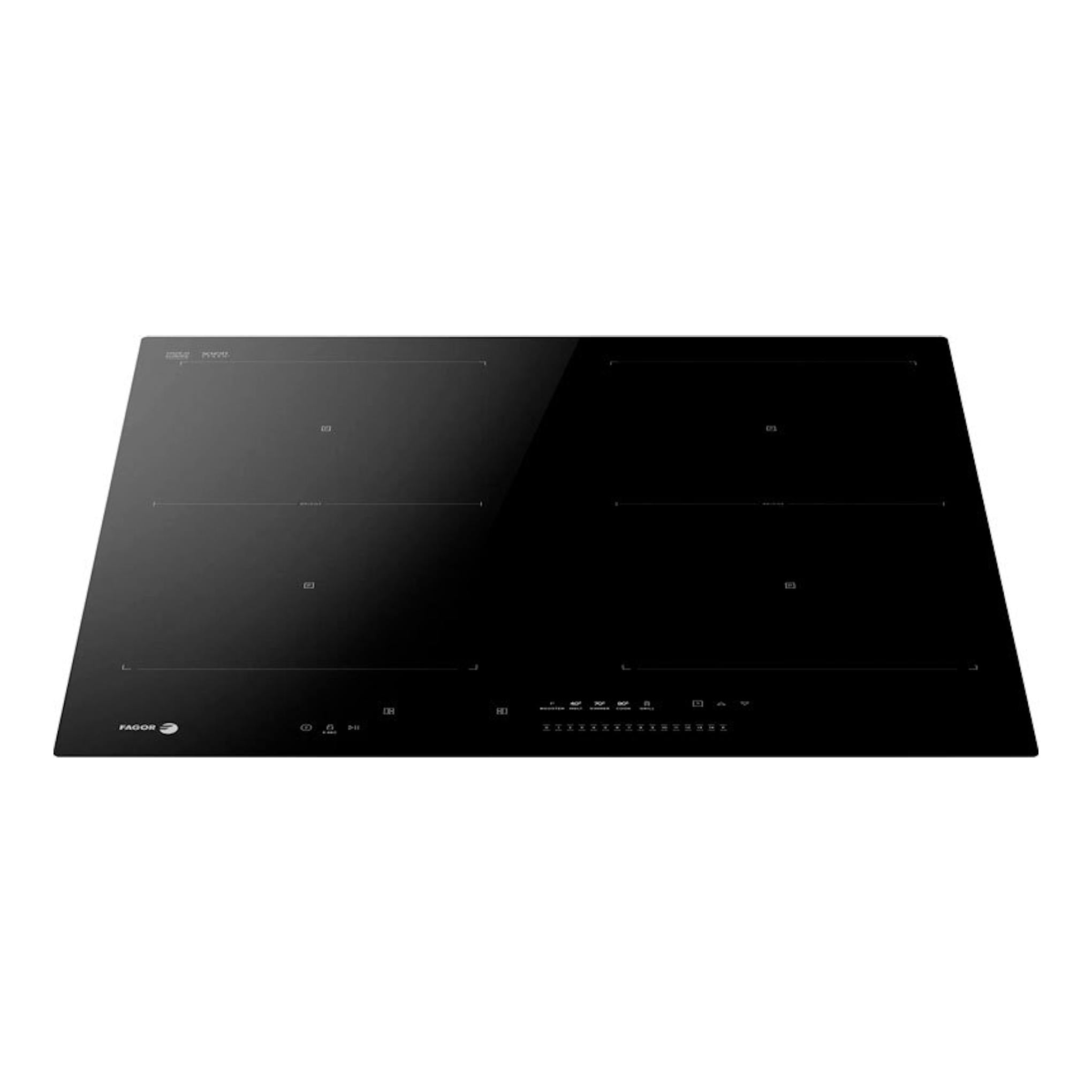 Placa de inducción Fagor negra, vista frontal, con 4 zonas de cocción y panel táctil inferior.