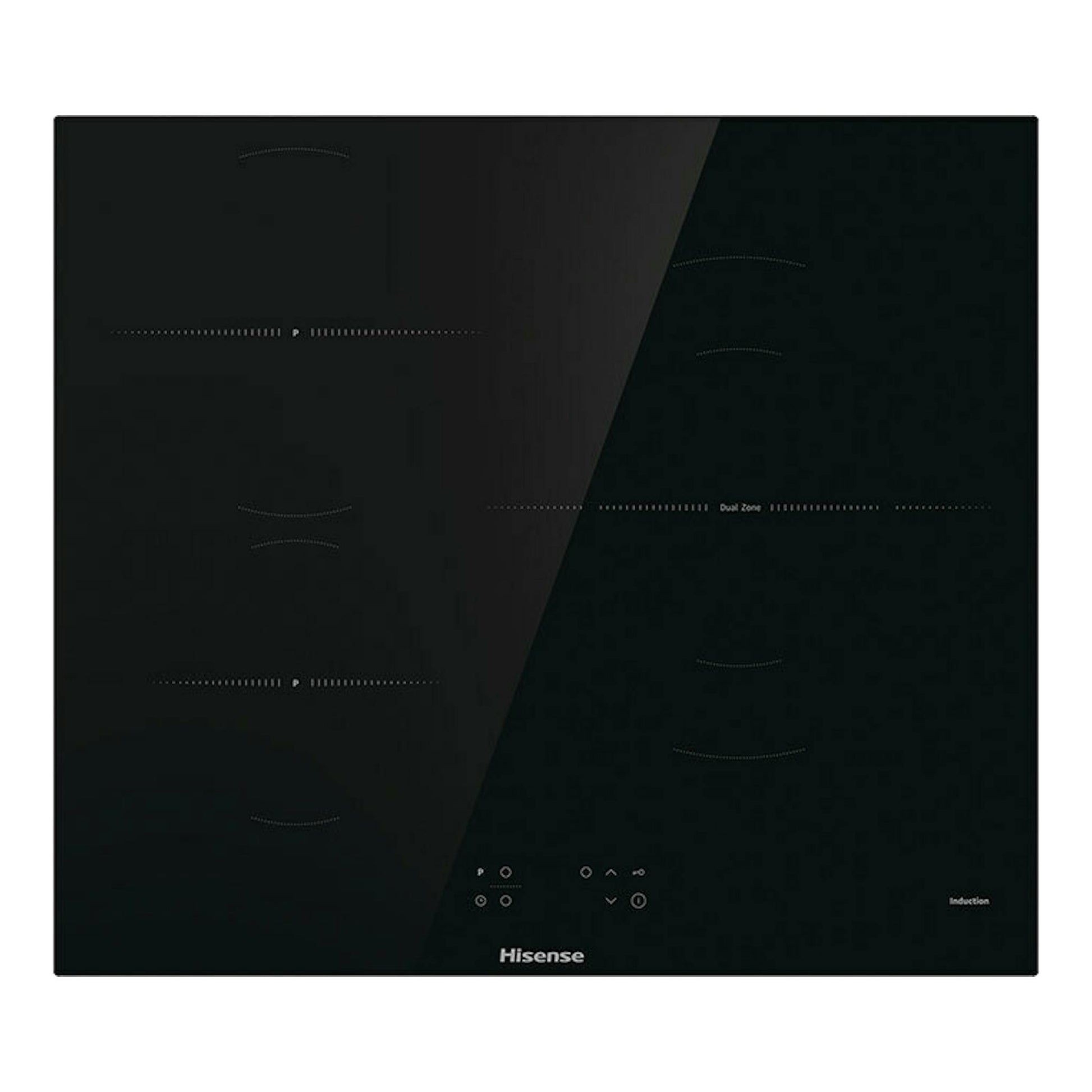 Placa de inducción Hisense HI6311BSCE negra, vista superior, con superficie de vidrio y controles táctiles.