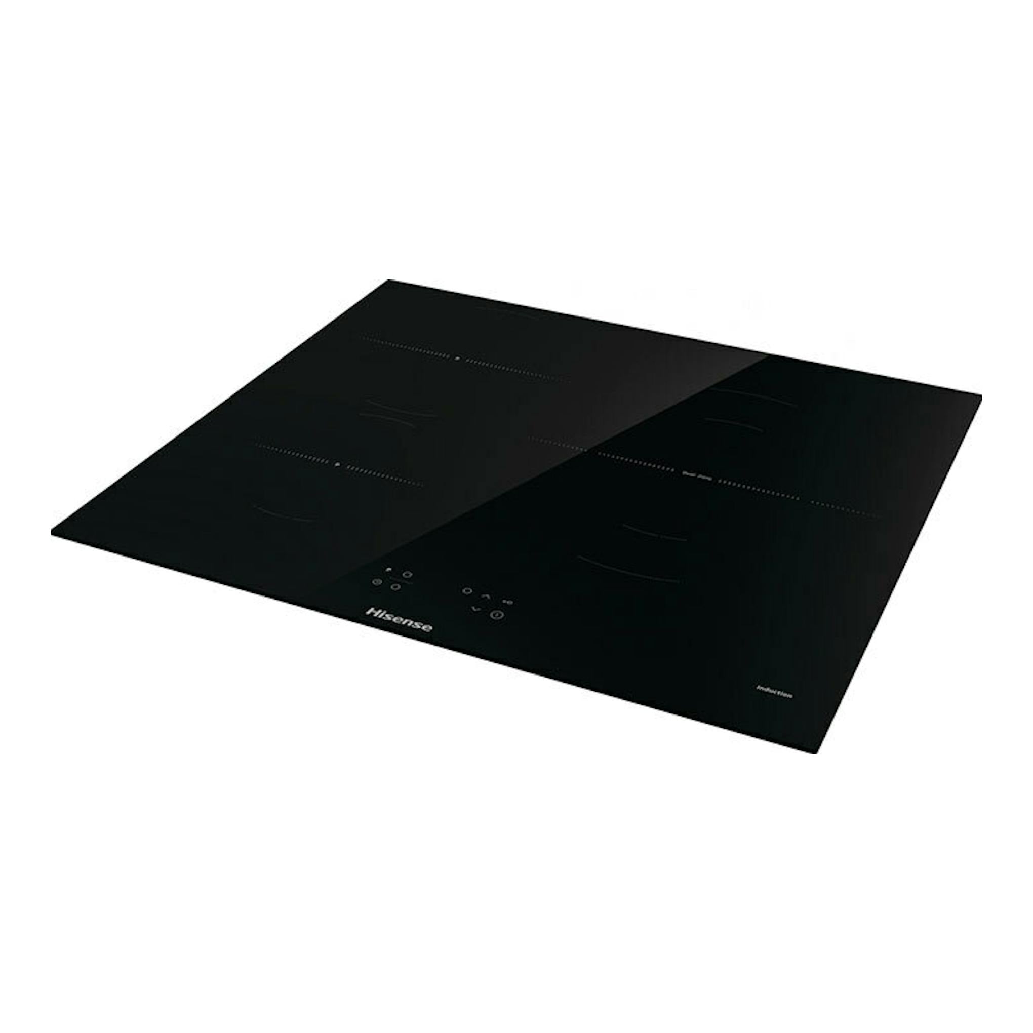 Placa de inducción Hisense HI6311BSCE negra, vista en ángulo superior, con controles táctiles.