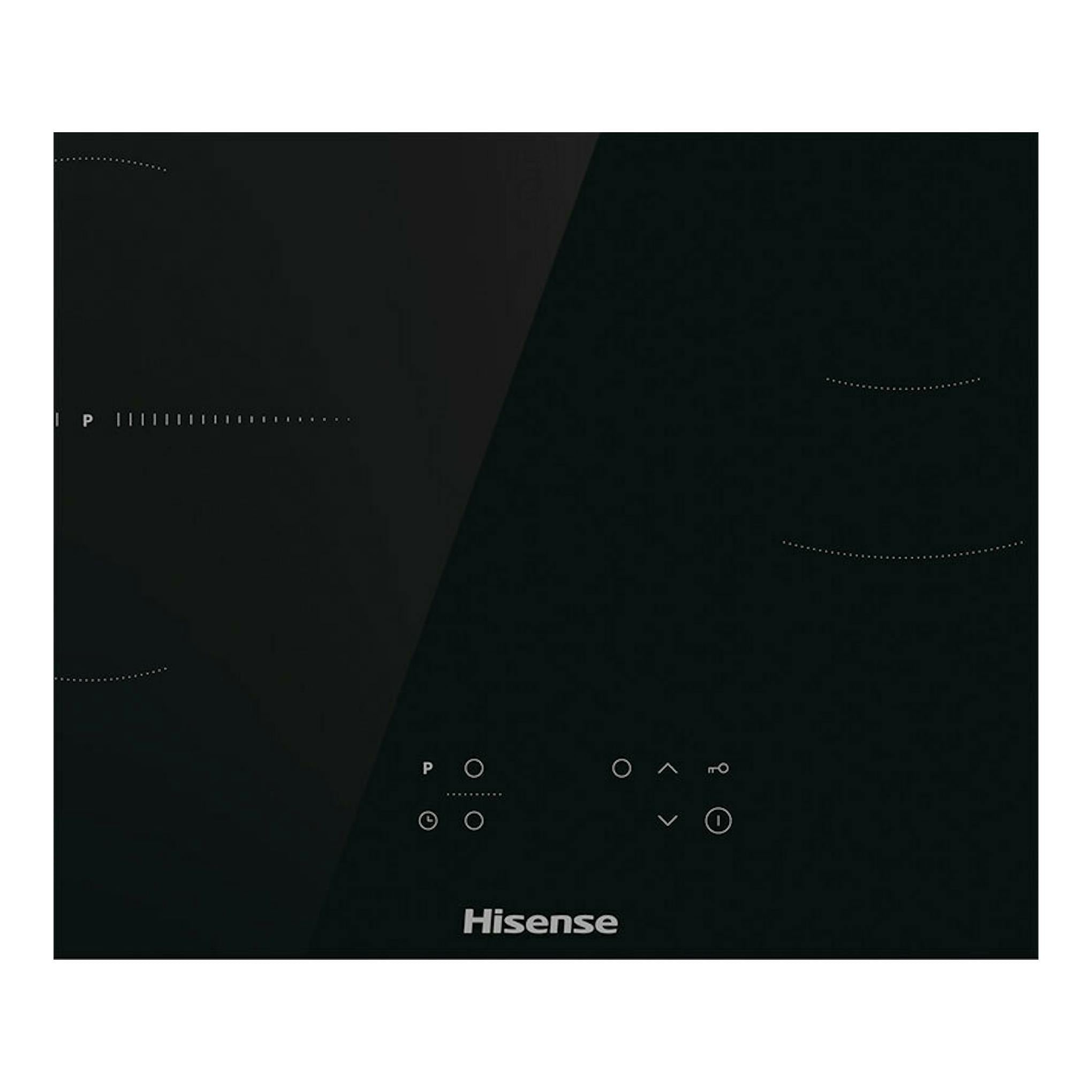 Placa de inducción negra Hisense HI6311BSCE, vista superior, con controles táctiles y zonas marcadas.