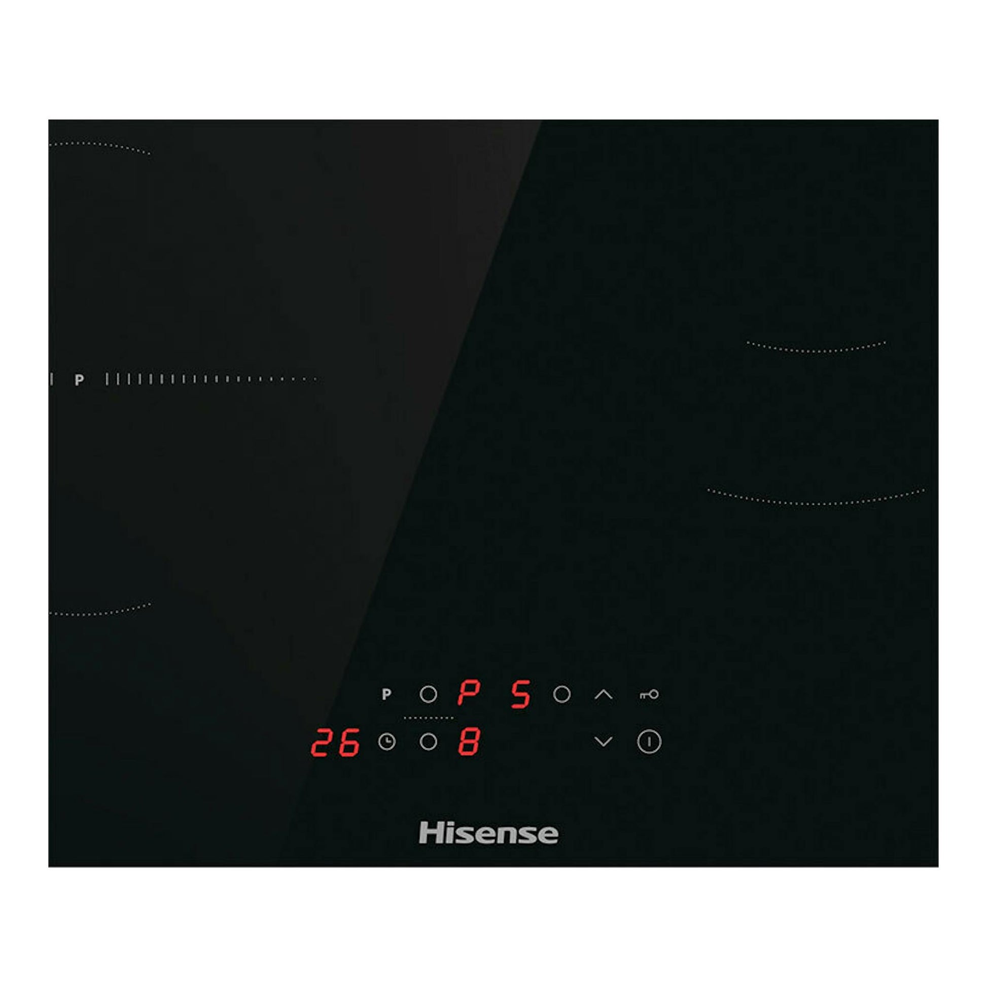 Placa de inducción Hisense HI6311BSCE negra, vista frontal con panel táctil iluminado en rojo.