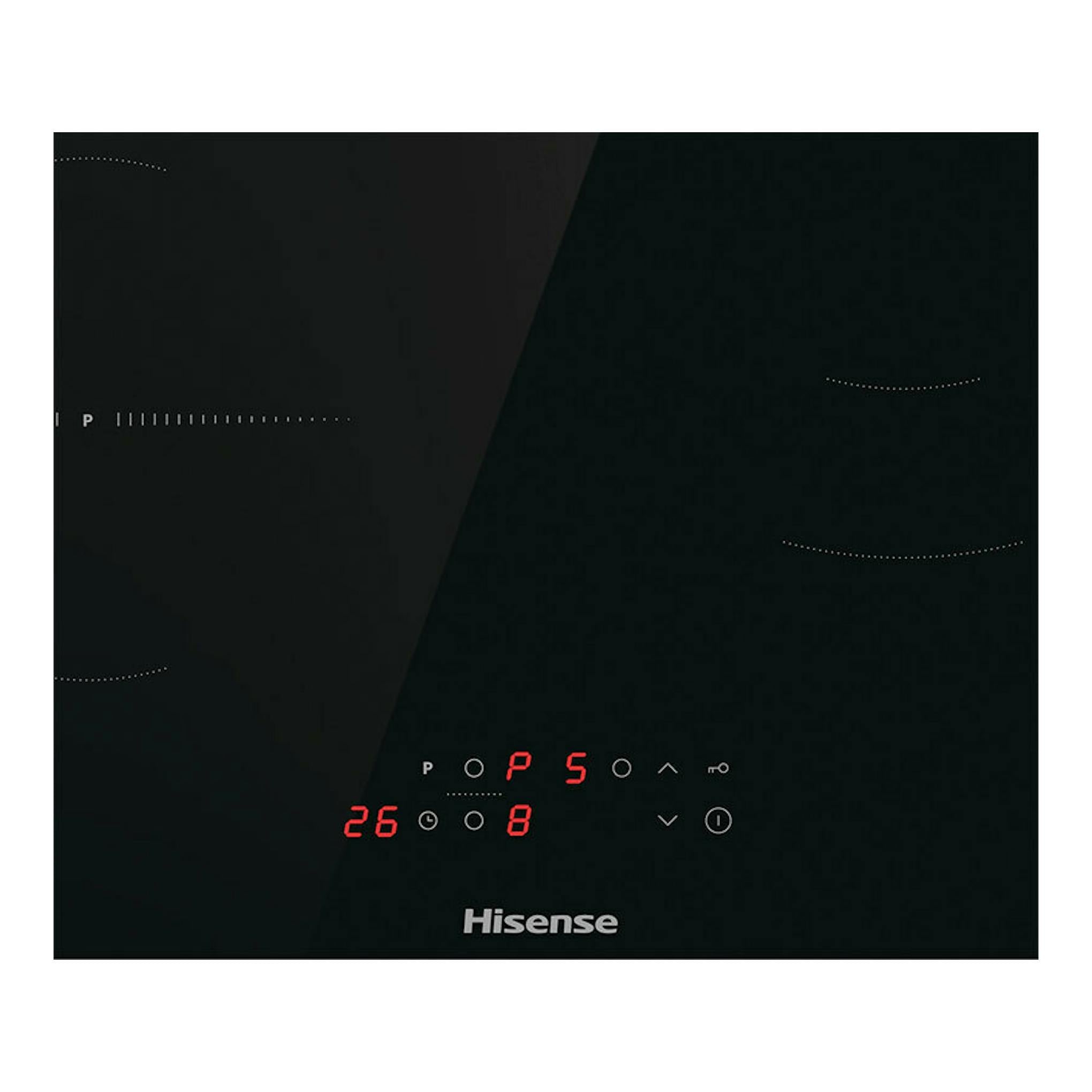 Placa de inducción Hisense HI6311BSCE negra, vista frontal con panel táctil iluminado en rojo.