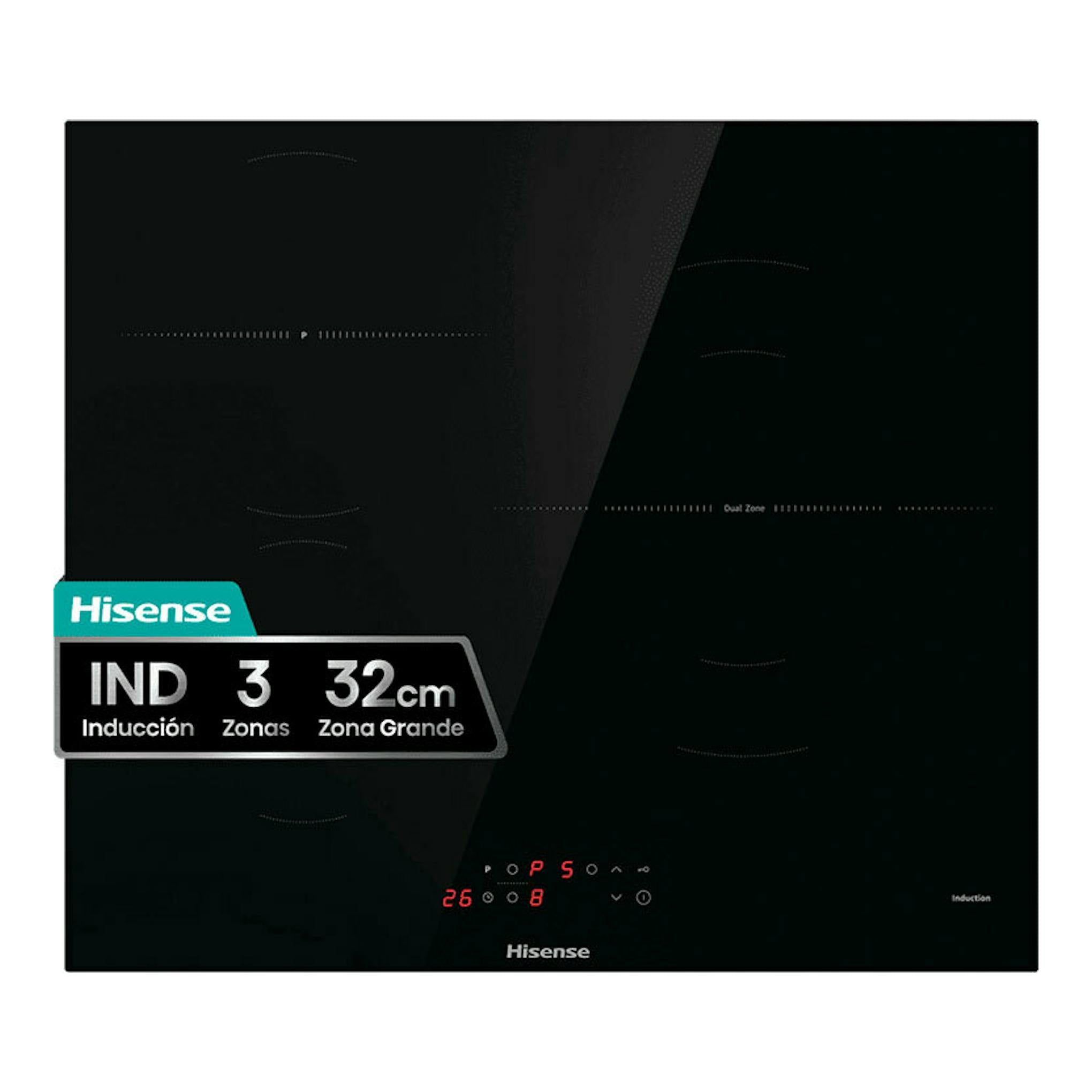 Placa de inducción Hisense HI6321BSCE negra, vista frontal, con 3 zonas y panel táctil digital.