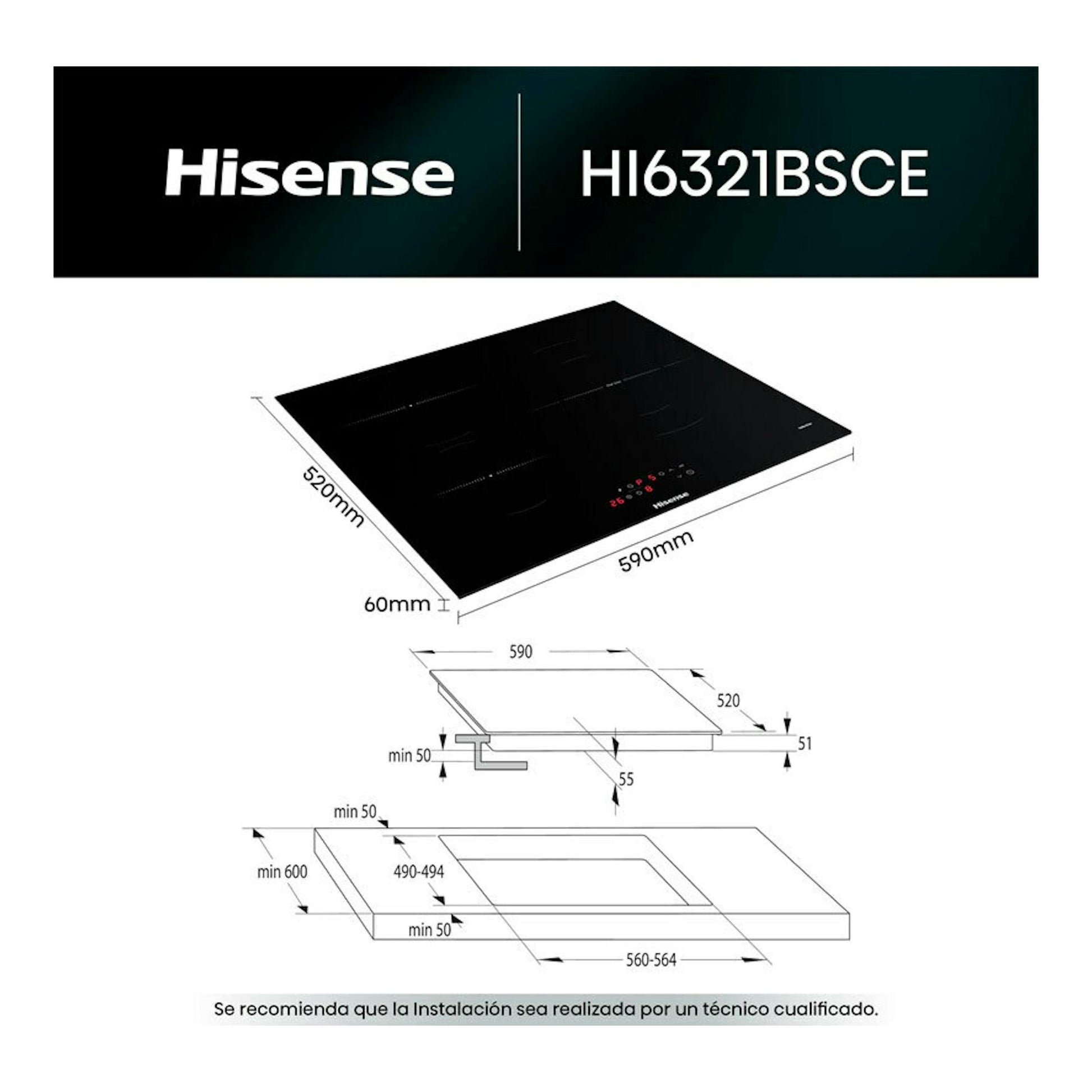 Placa de inducción Hisense HI6321BSCE negra, vista superior inclinada con medidas y esquema de instalación.