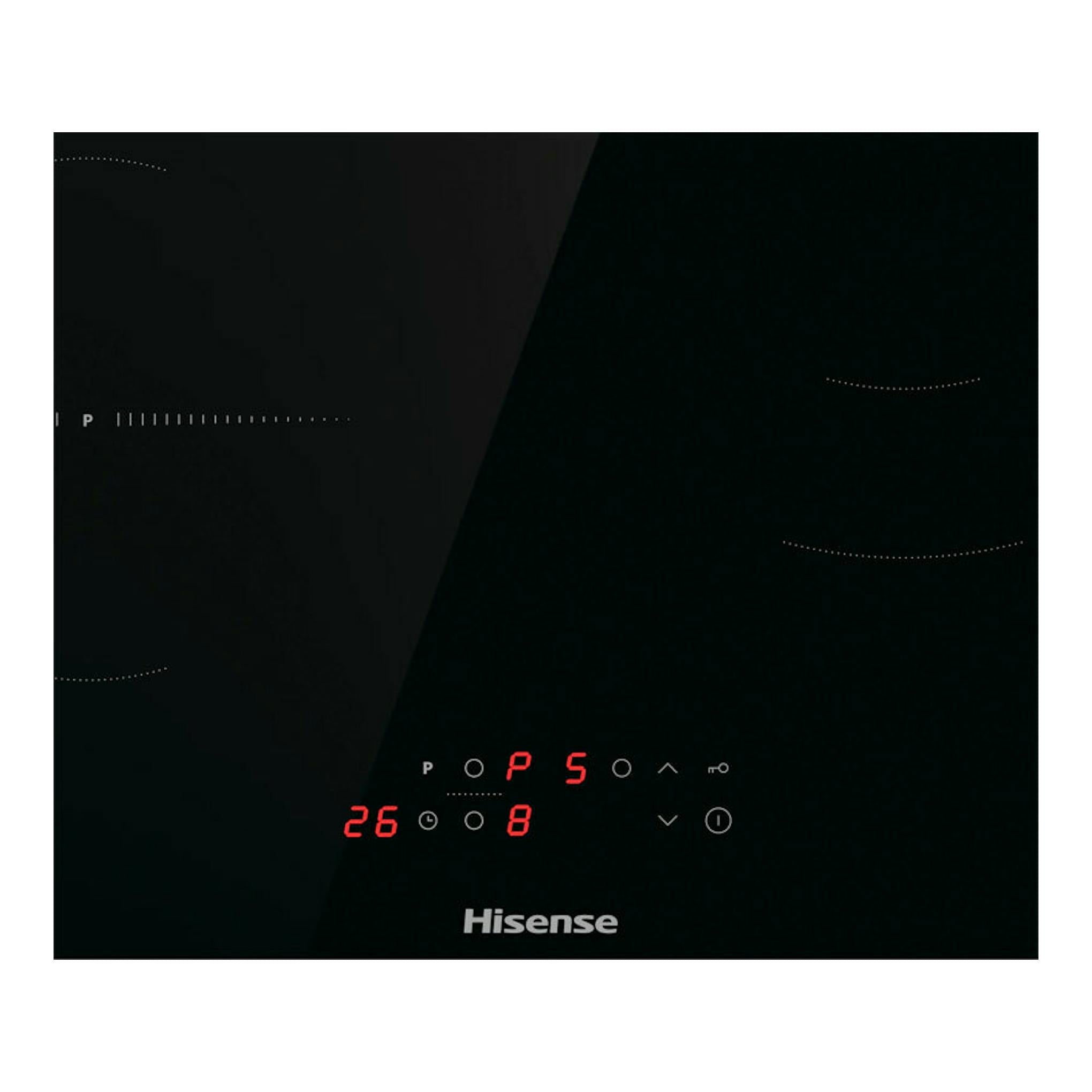 Placa de inducción Hisense HI6321BSCE negra, vista frontal superior, con mandos táctiles iluminados.