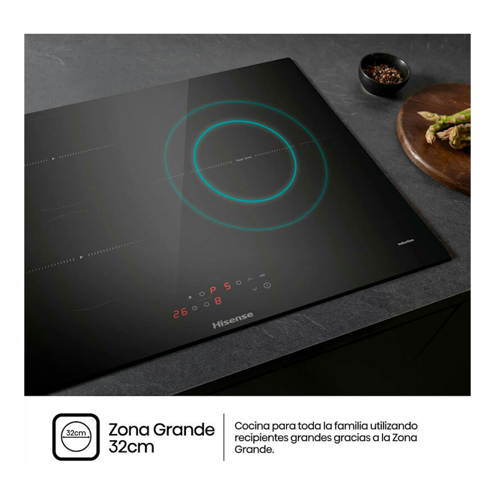 Placa de inducción Hisense HI6321BSCE negra, vista en ángulo, con zona circular iluminada y panel táctil.