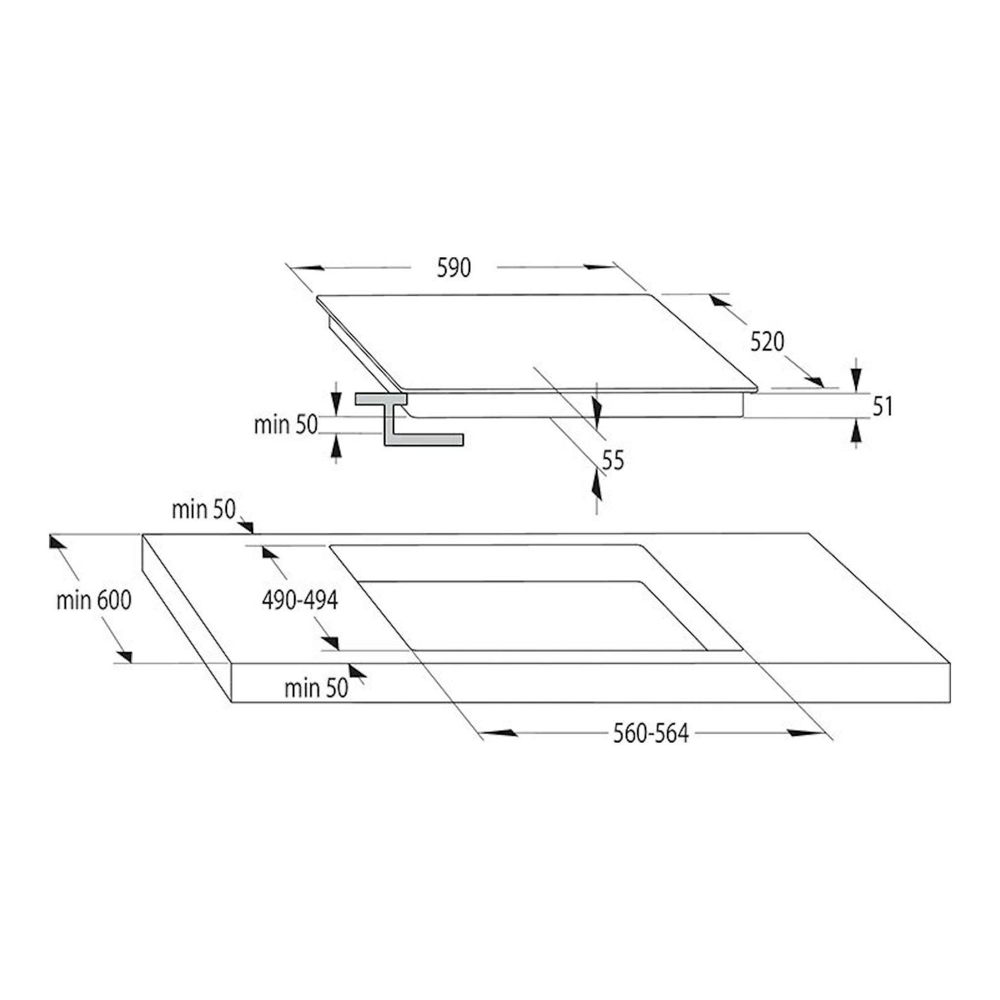 Diagrama técnico en blanco y negro de instalación de la placa de inducción Hisense HI6321BSOLCE, vista lateral y superior.
