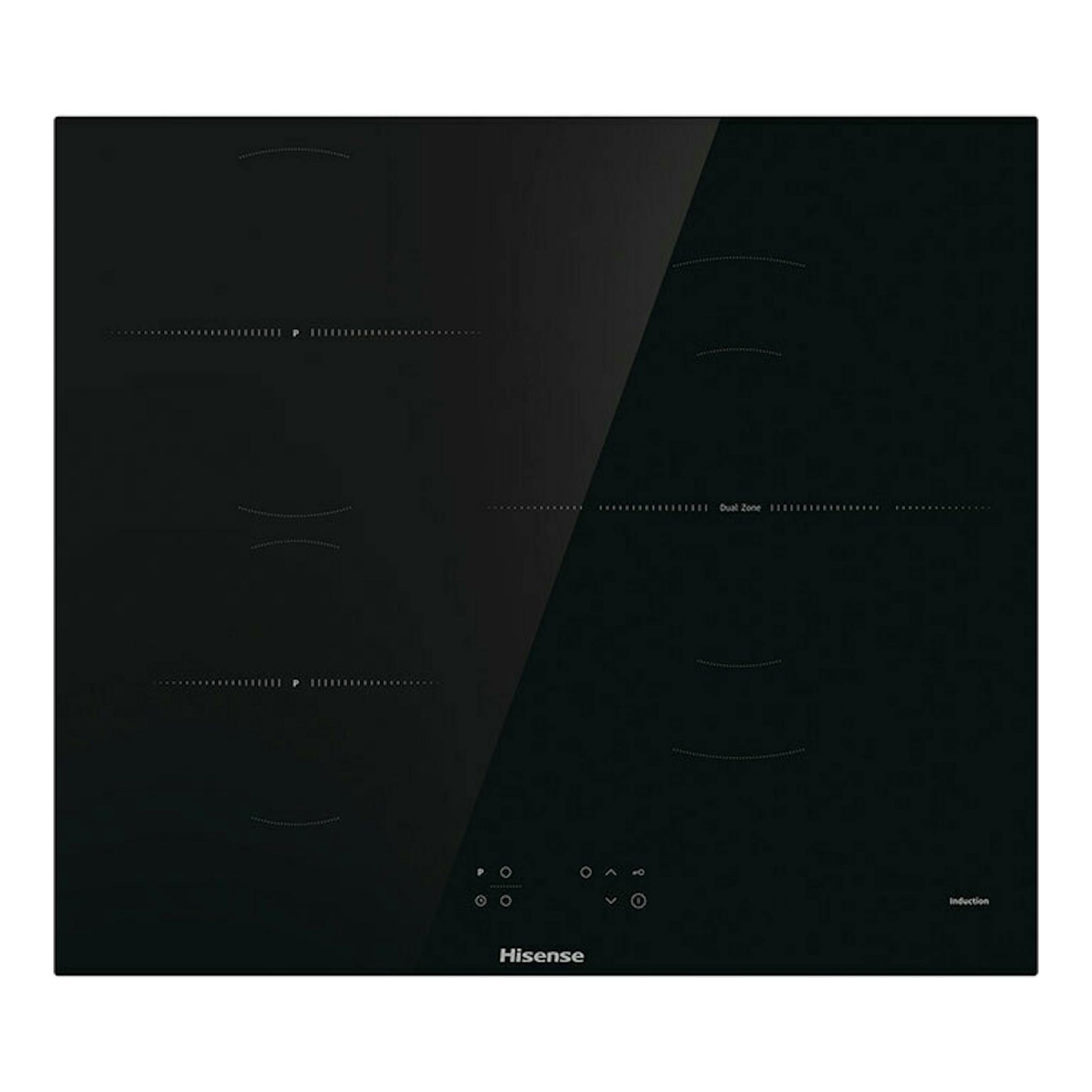 Placa de inducción Hisense HI6321BSOLCE negra, vista frontal, con cuatro zonas de cocción táctiles.