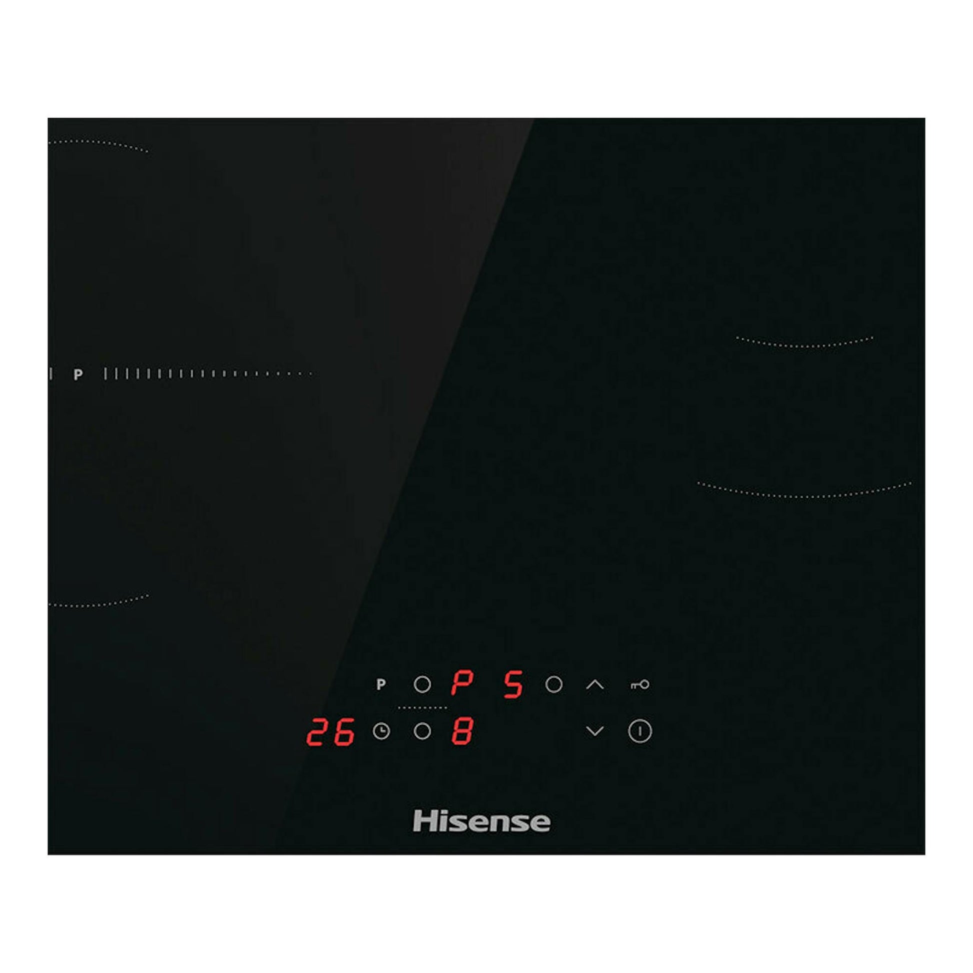 Placa de inducción negra Hisense HI6321BSOLCE, vista frontal, con mandos táctiles y display rojo.