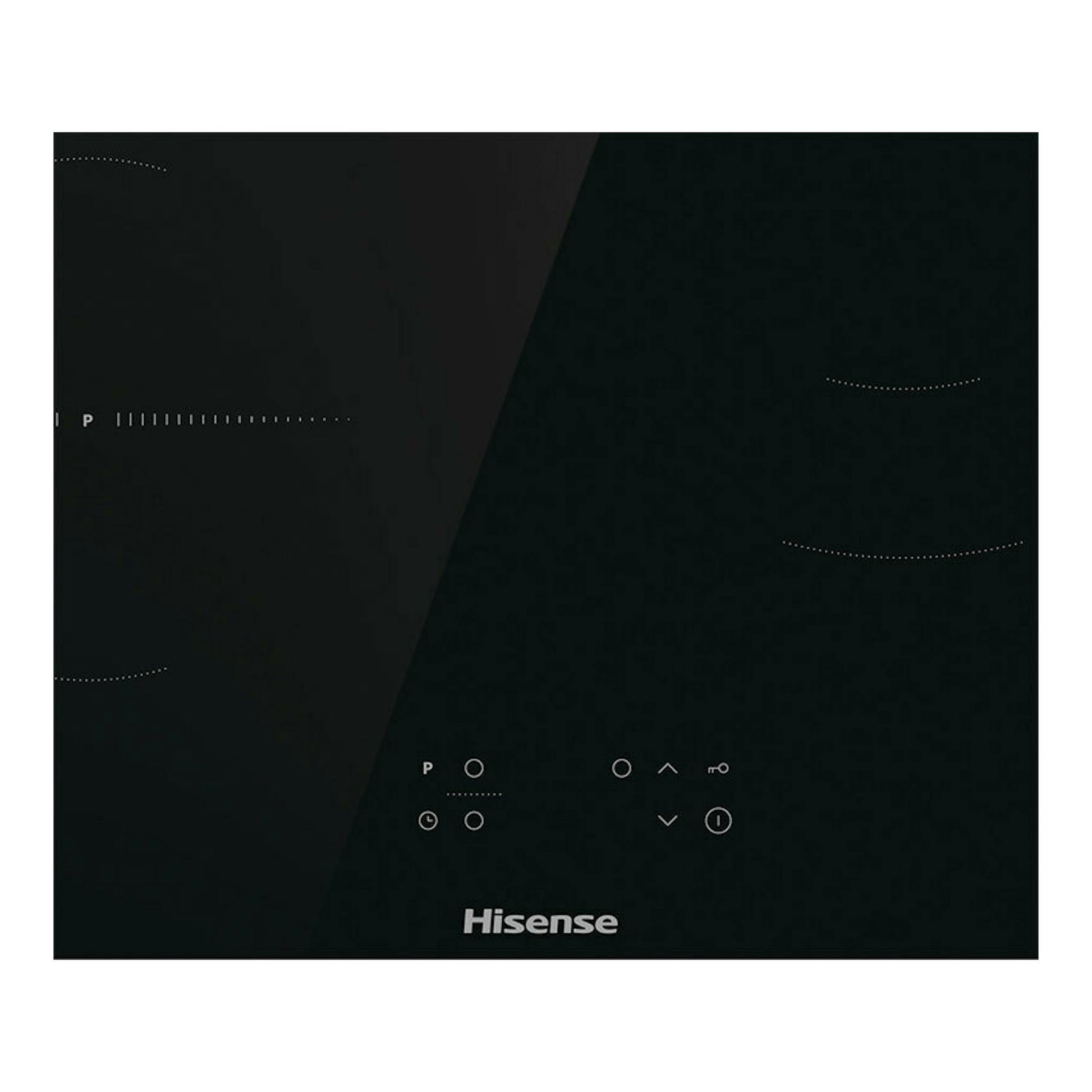 Placa de inducción Hisense HI6321BSOLCE negra, vista superior, con mandos táctiles y zonas de cocción.
