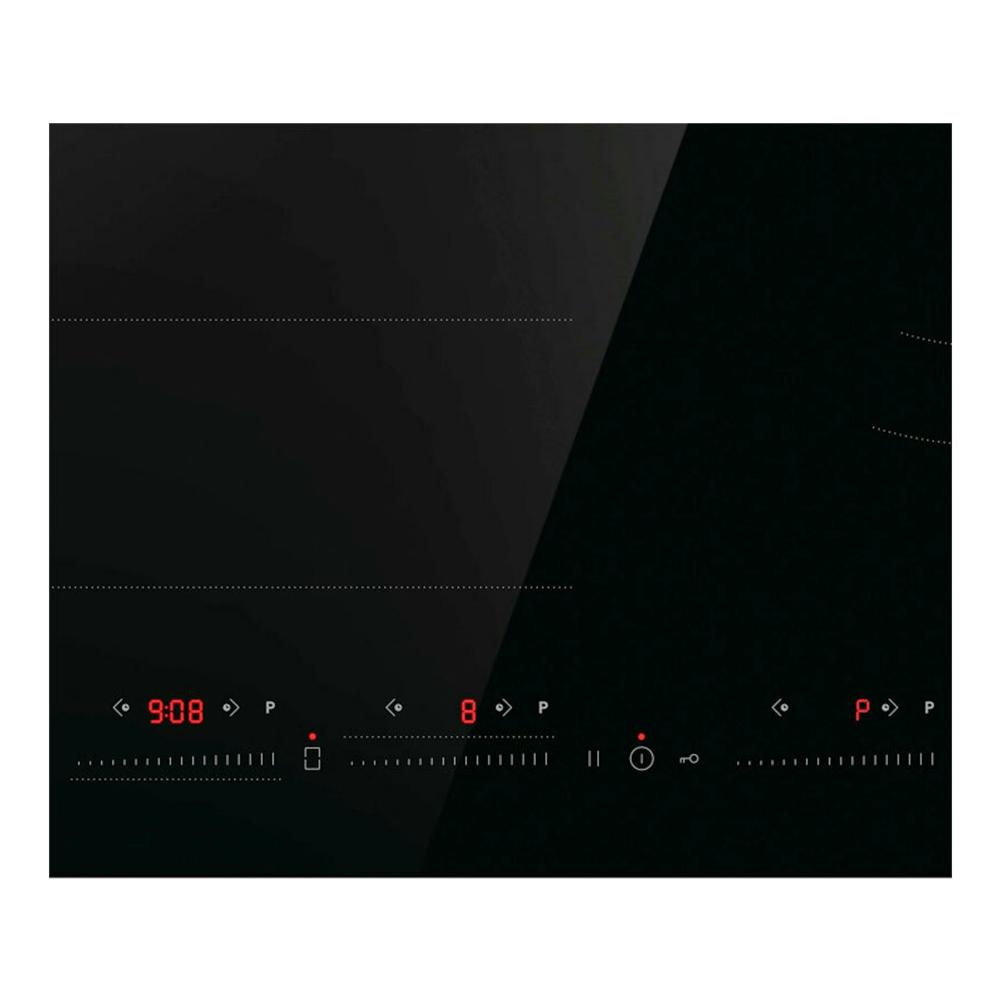 Placa de inducción negra Hisense HI6352BSCE, vista frontal con panel táctil y displays rojos.