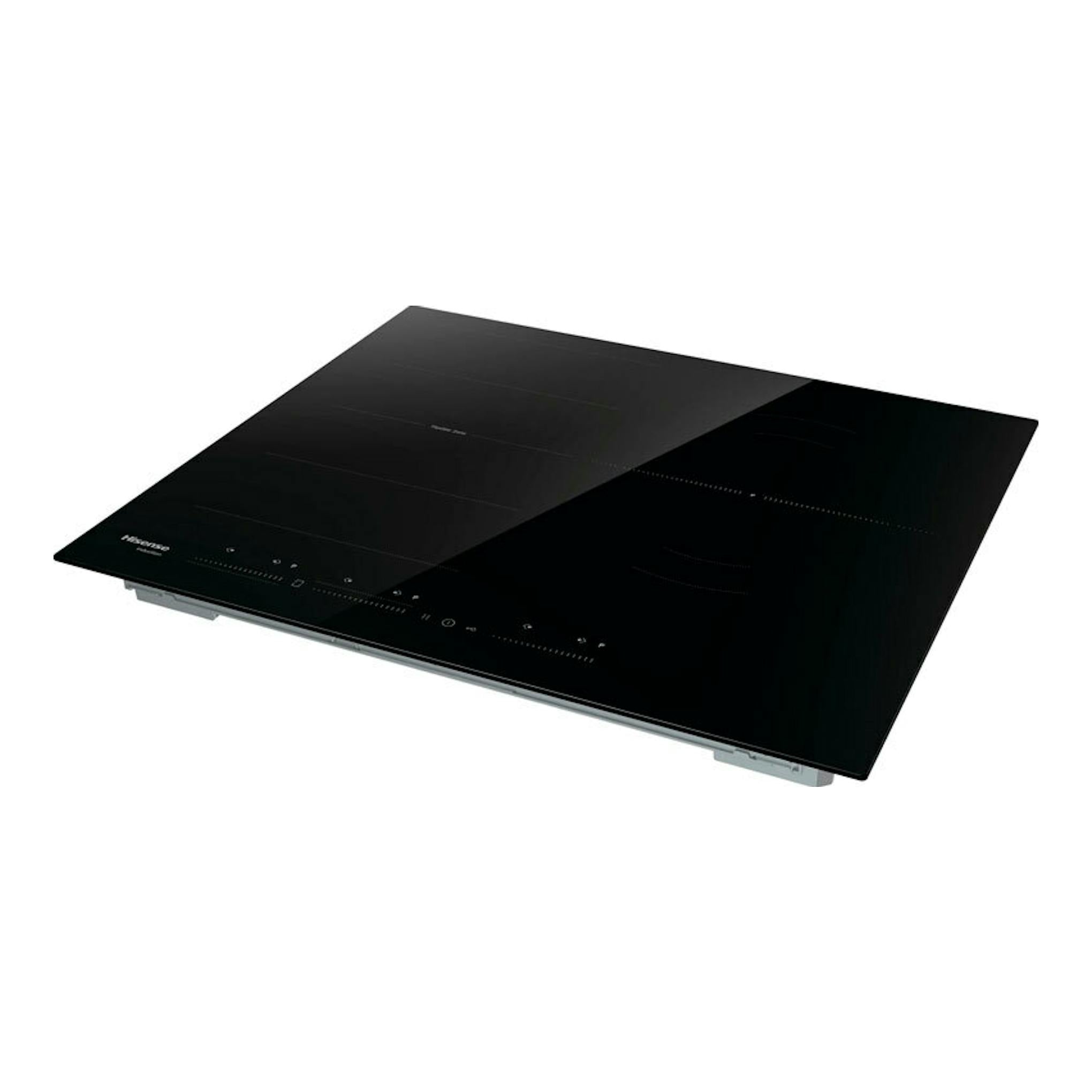 Placa de inducción Hisense HI6352BSCE negra, vista en ángulo, con panel táctil frontal.