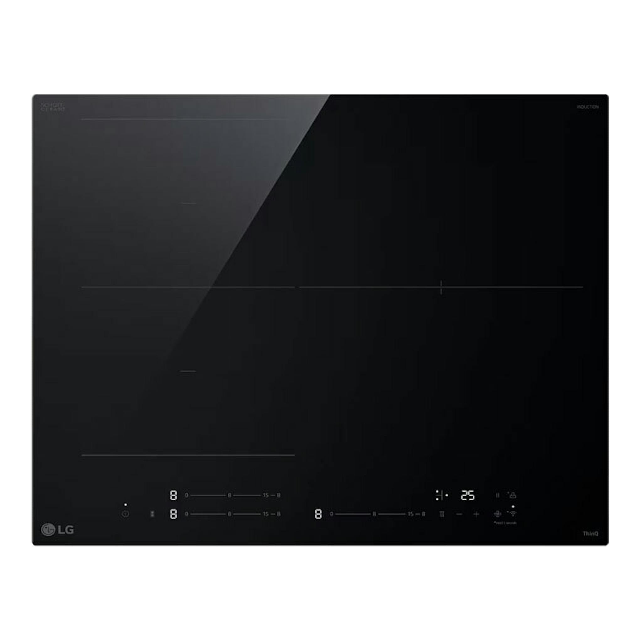 Placa de inducción LG CBIZ2437B negra, vista frontal, con panel táctil y cuatro zonas.