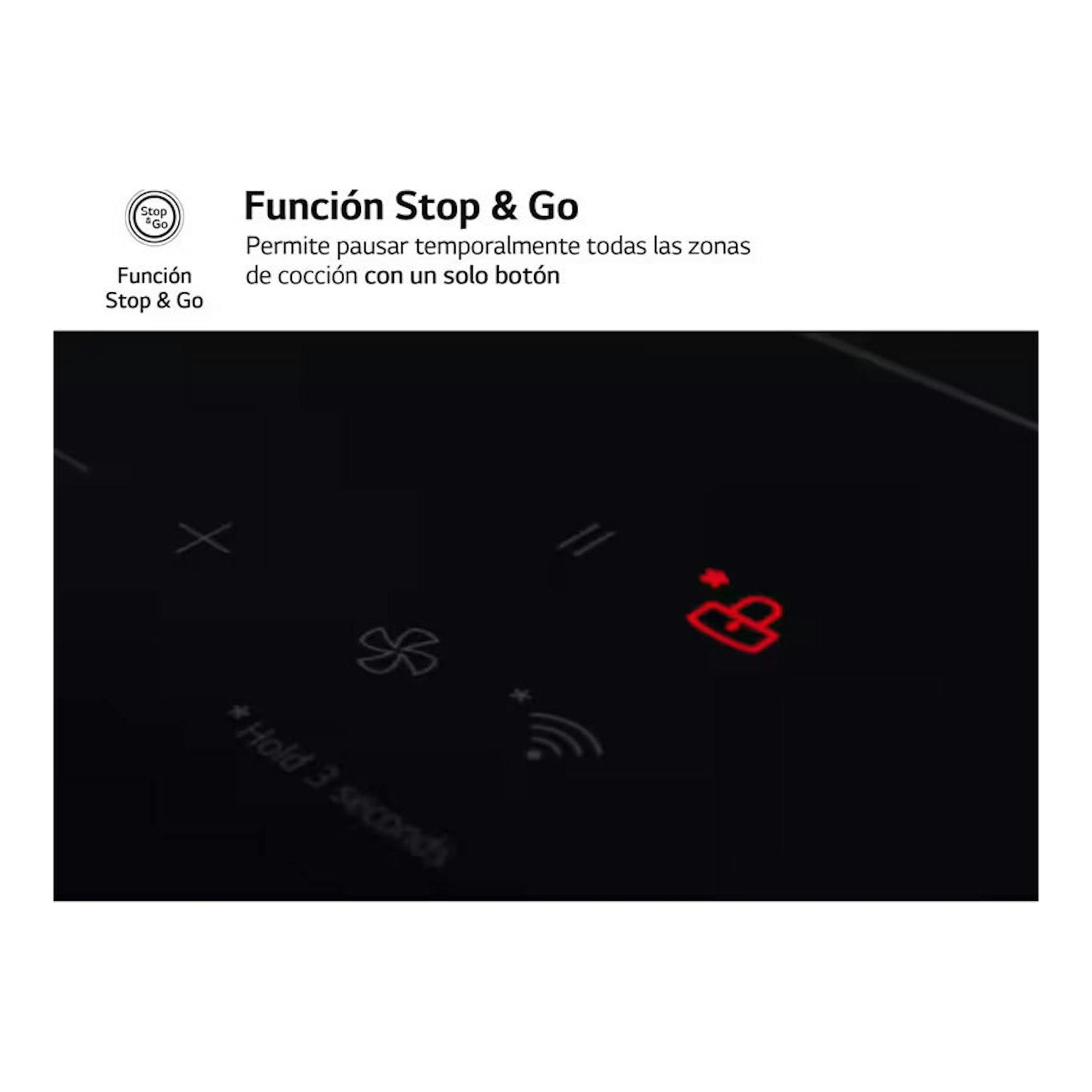 Placa de inducción LG CI5Z2421BN negra, vista frontal parcial del panel táctil con icono Stop & Go.